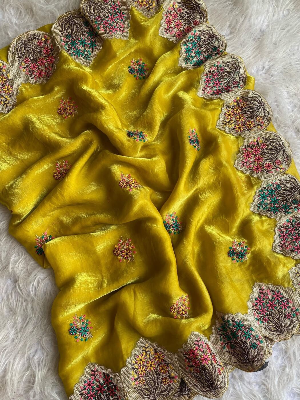 Tasrika Opulent Yellow Embroidery Work Fendy Silk Saree With Innovative Blouse Piece