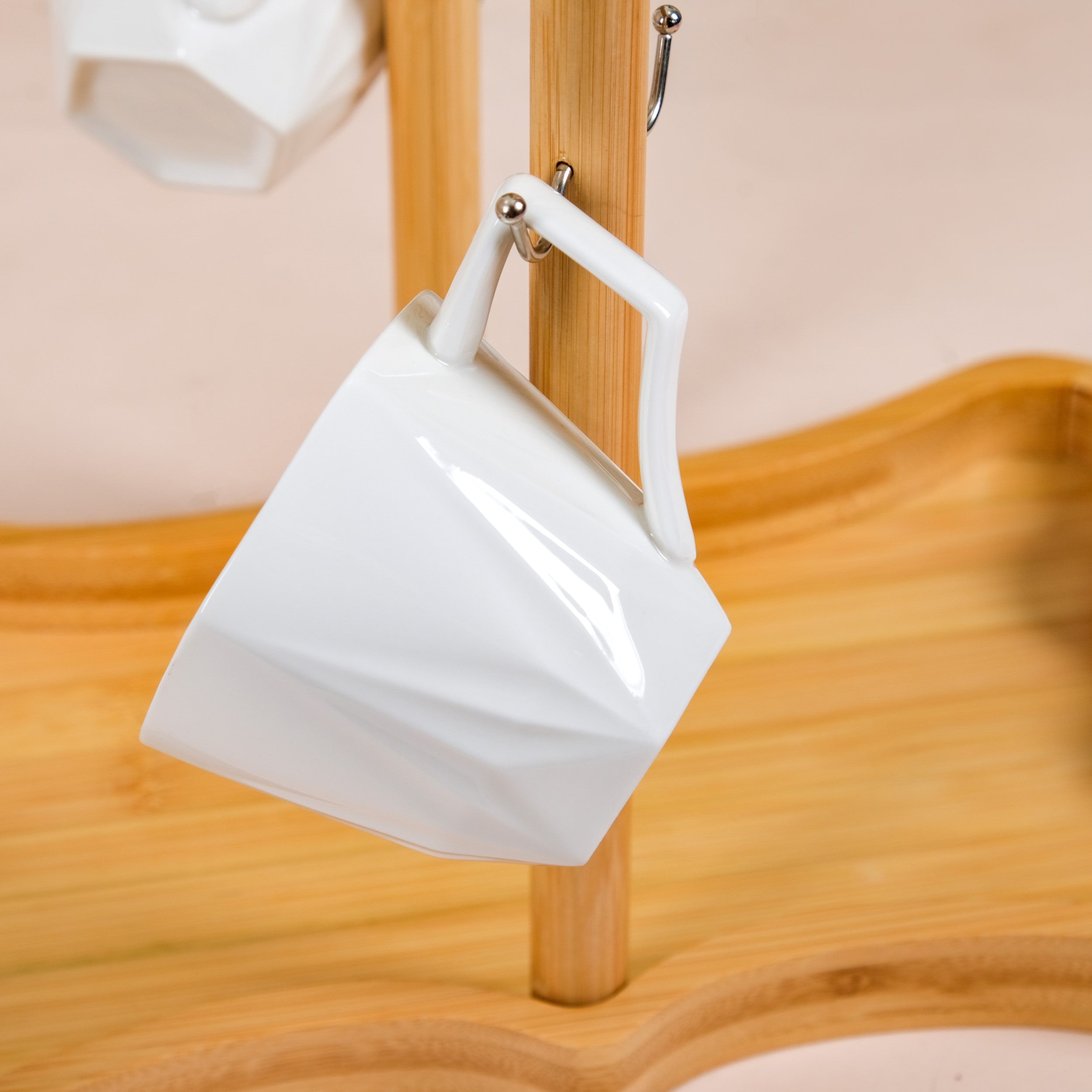 Nestasia Hexagonal Minimalist White Tea Set With Wooden Stand - view 9