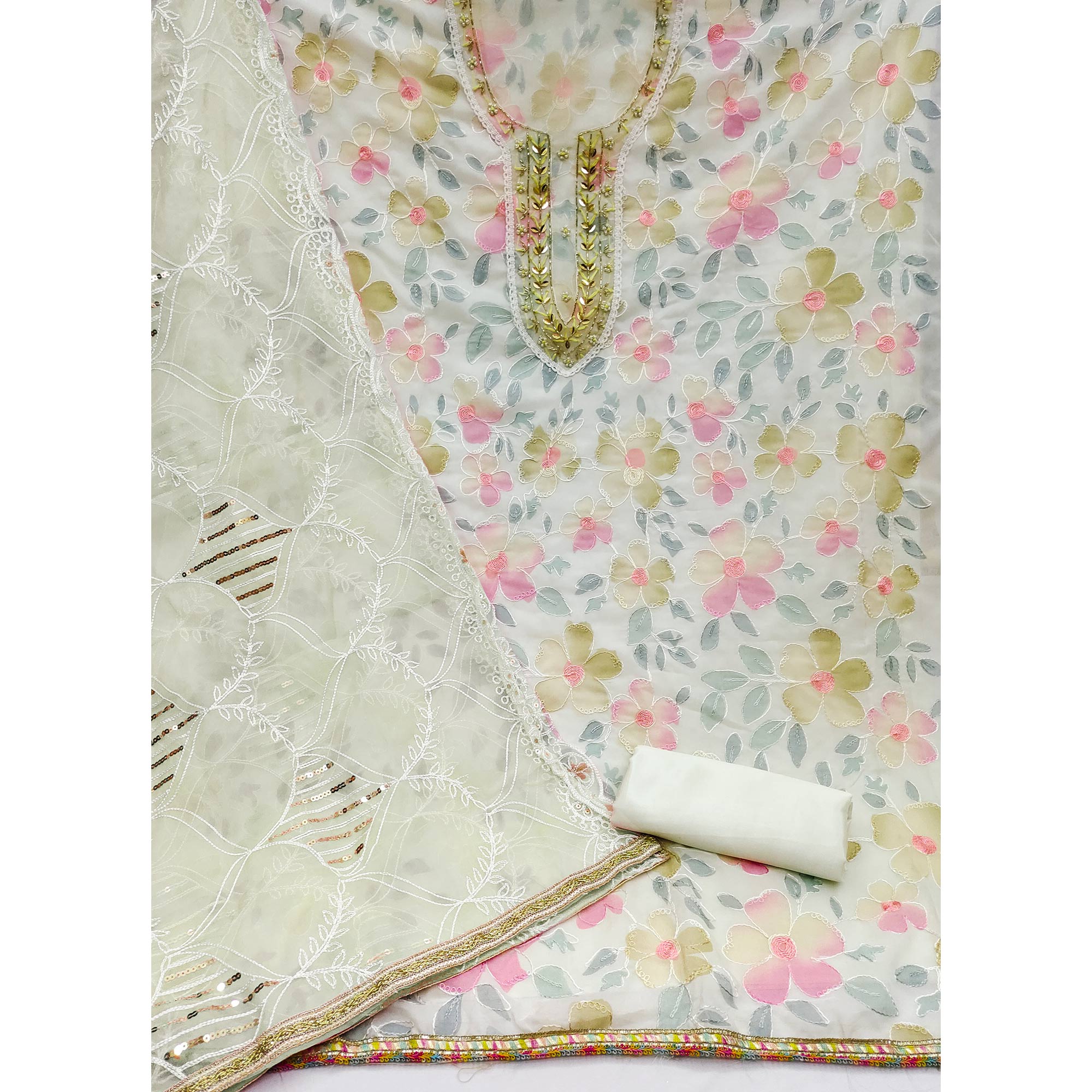Peachmode Cream Printed With Handwork Organza Dress Material - view 2