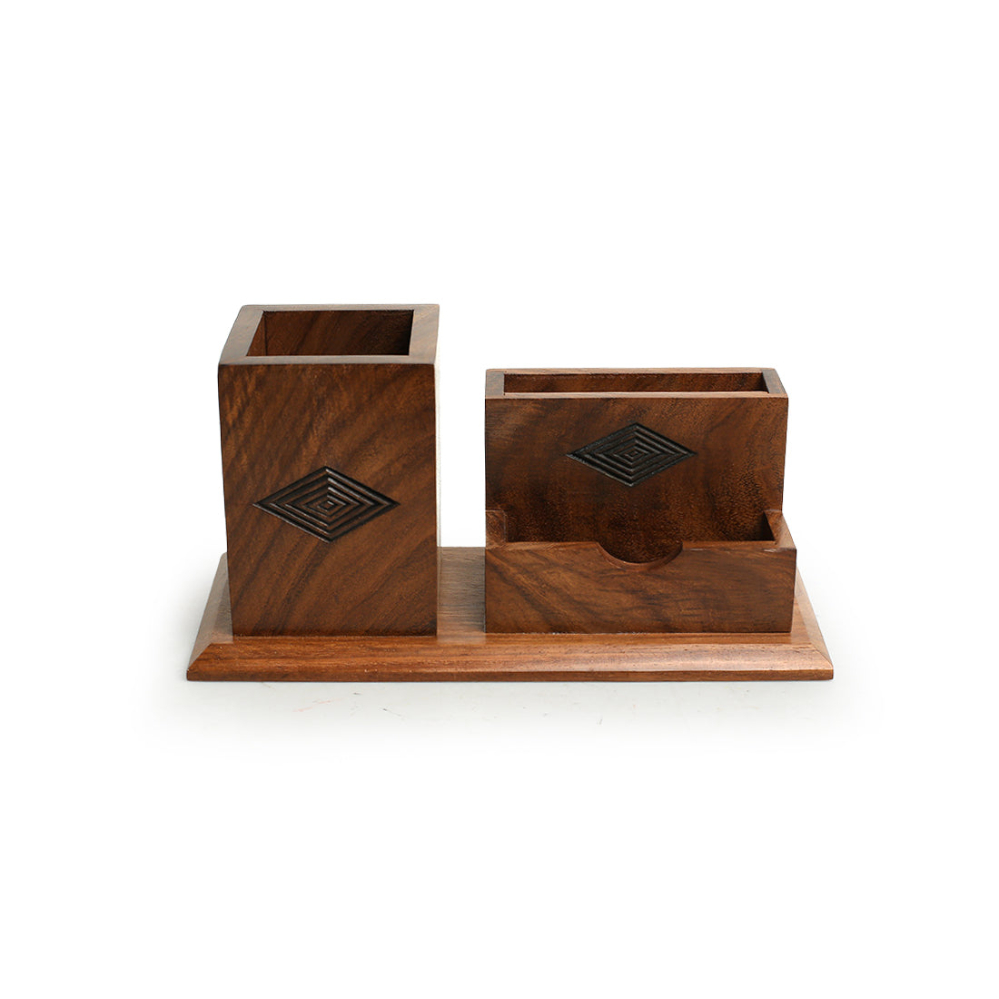 EXCLUSIVELANE 'Rhombus Rumbles' Hand-Carved Table Stationery Organiser In Sheesham Wood - view 2