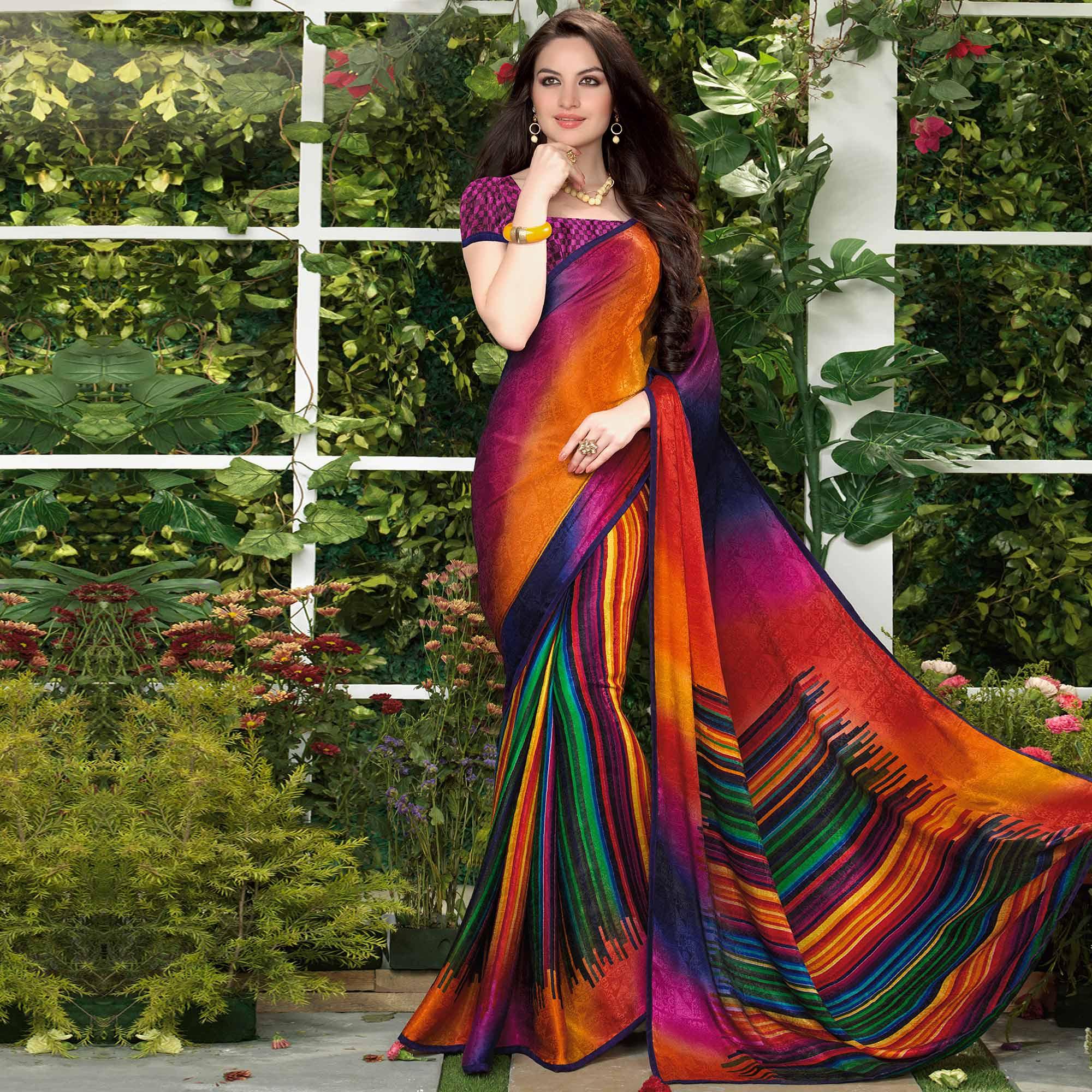 Peachmode Impressive Multi Colored Party Wear Printed Silk Crepe Saree