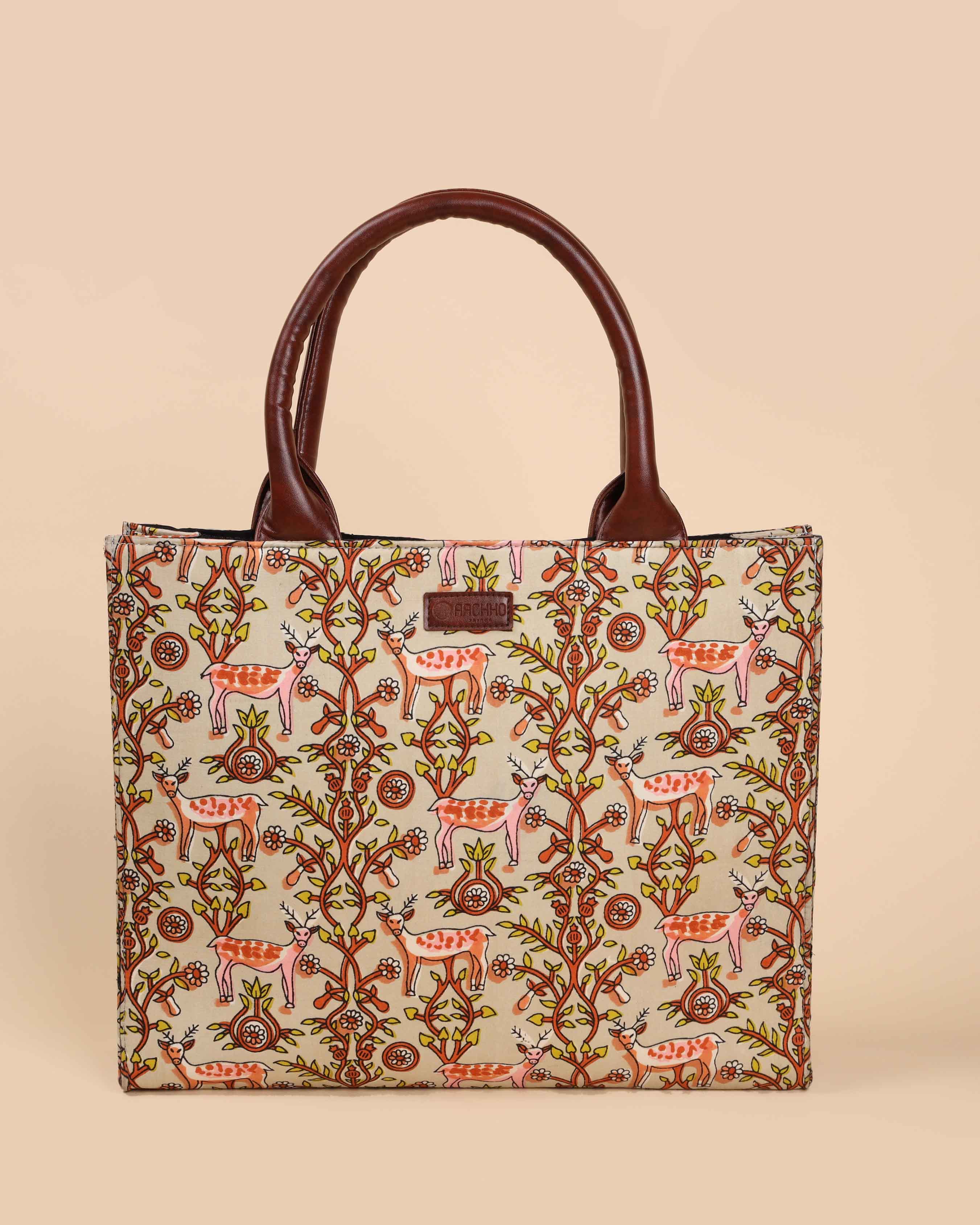 Aachho Beige Lemonade Handblock Square Tote Bag