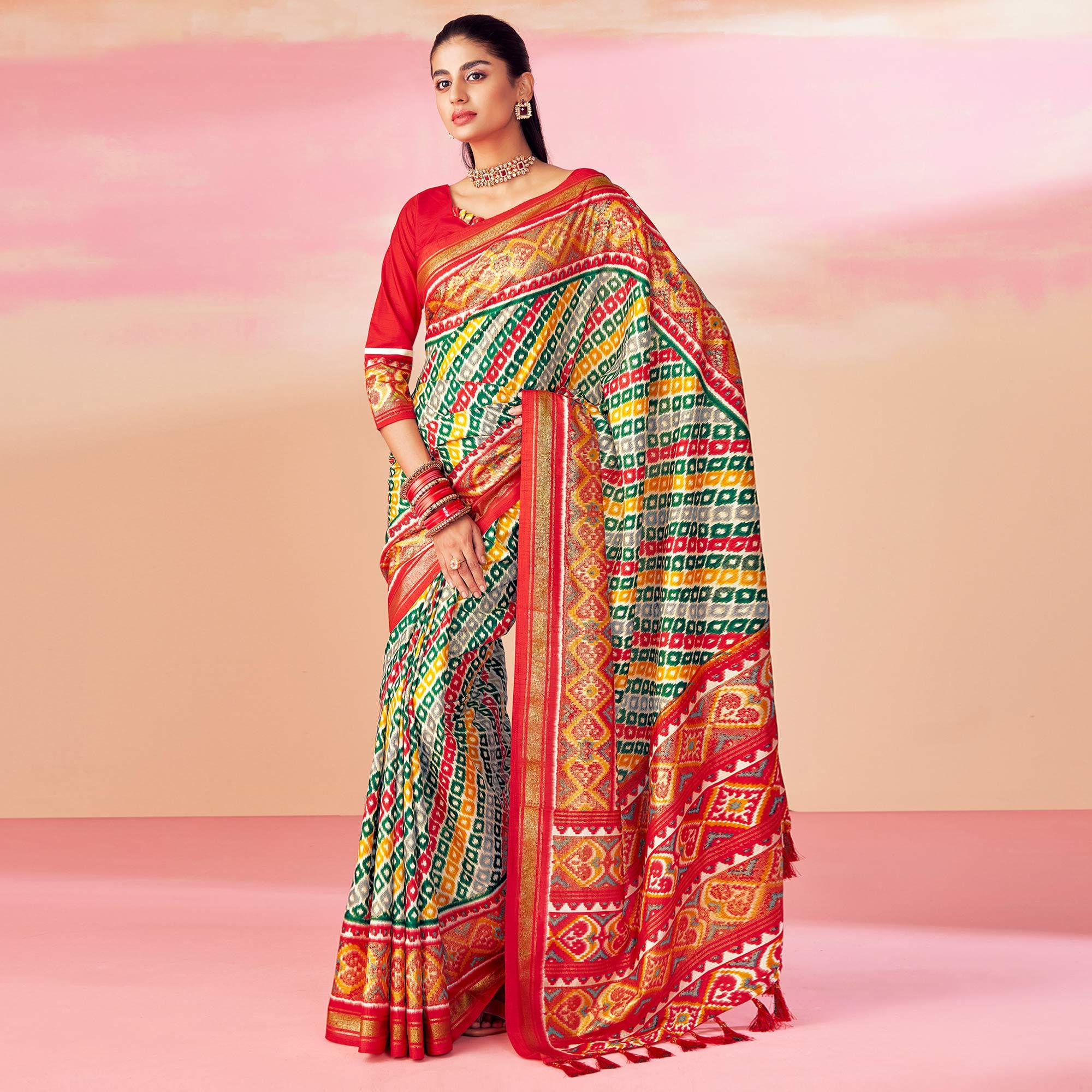Peachmode Grey-Red Patola Printed Art Silk Saree With Tassels - view 2