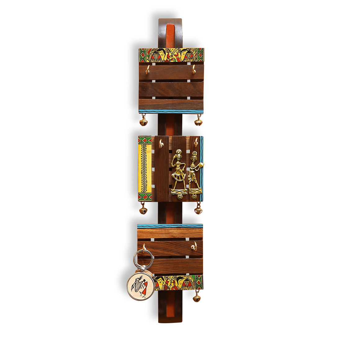 EXCLUSIVELANE 'Brass, Wood & Colours' Madhubani Handpainted Dhokra Art Key Holder In Sheesham & Teak Wood (6 Hooks) - view 3
