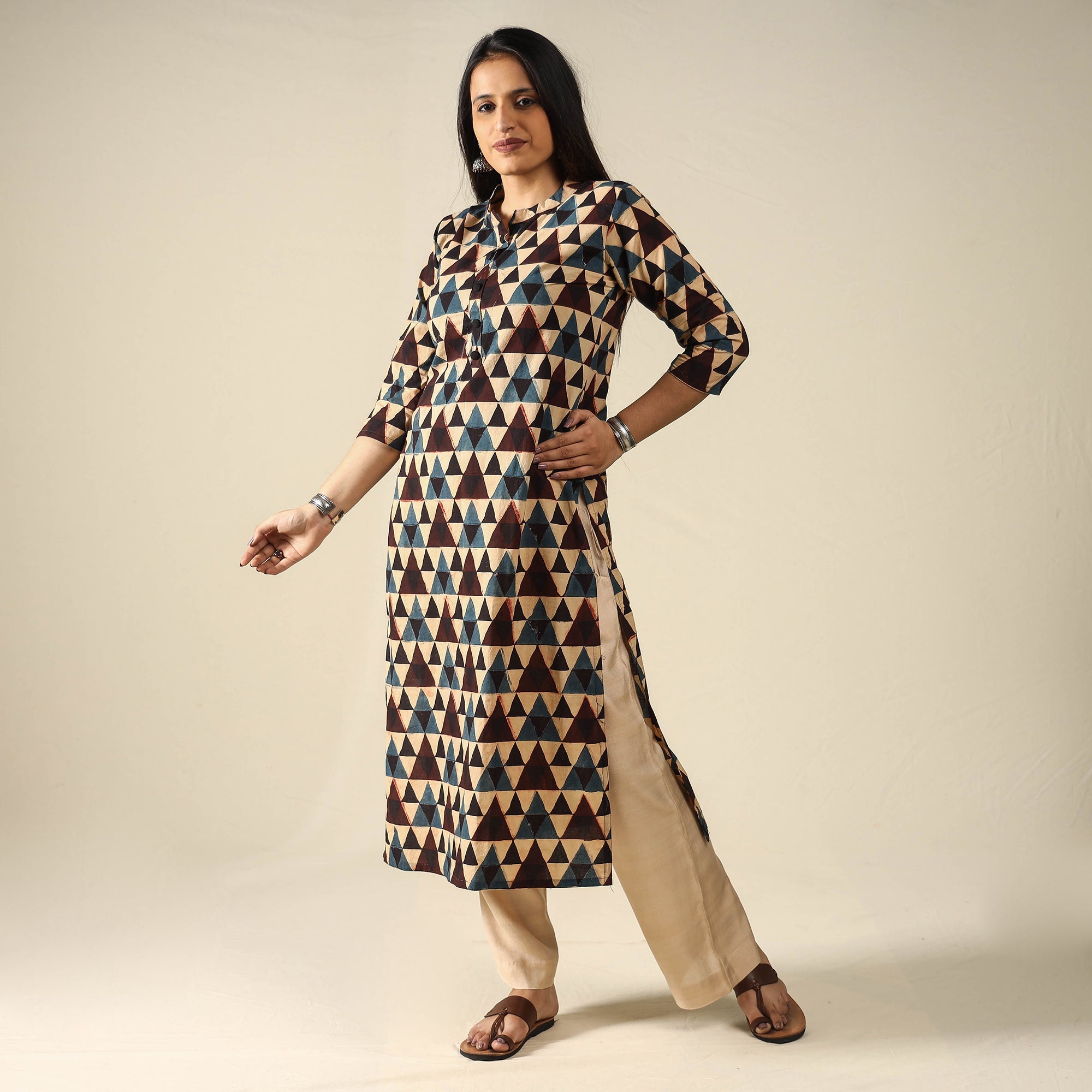 ITOKRI CASUALS Beige - Ajrakh Block Printed Cotton Straight Kurta 17 - view 3