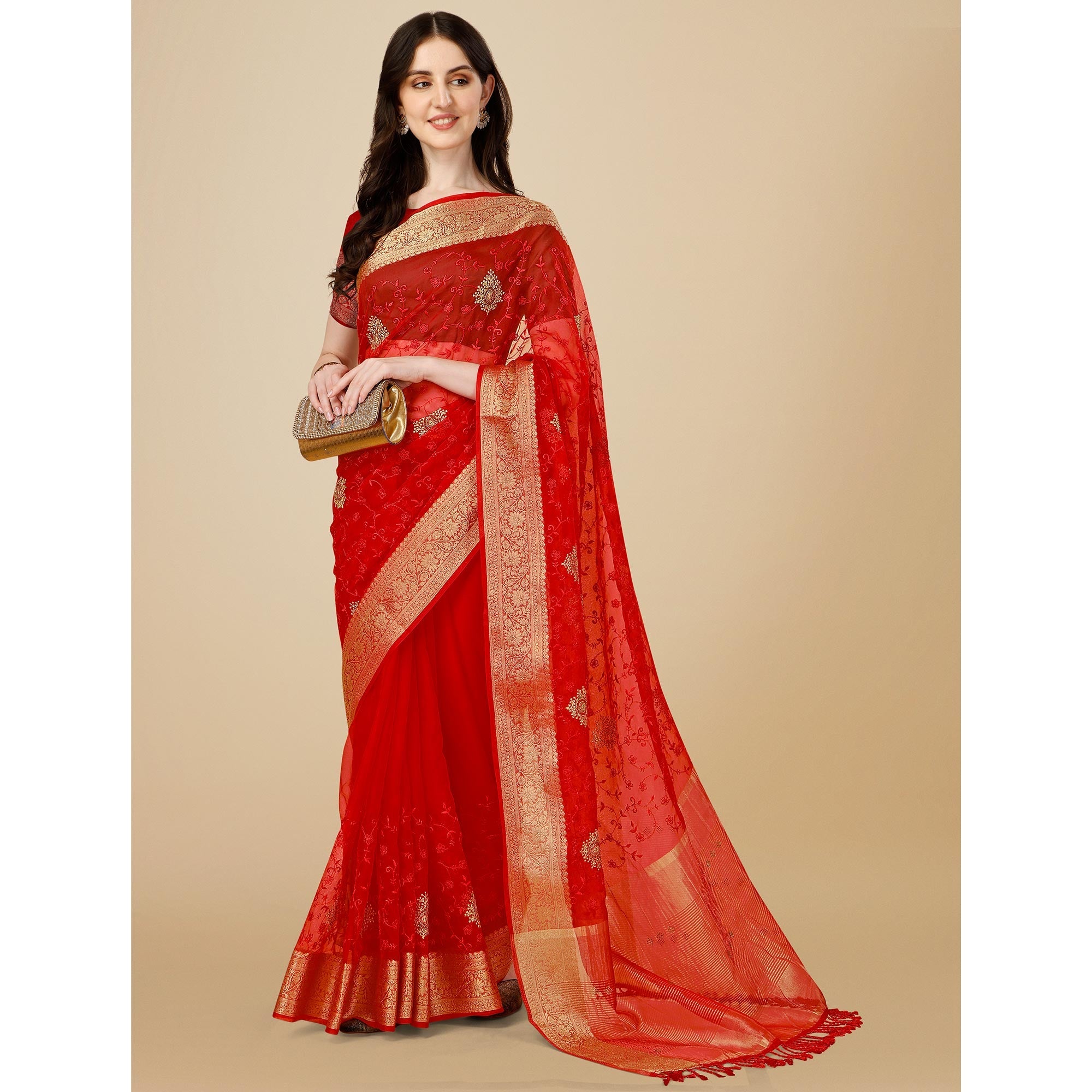Peachmode Maroon Floral Embroidered Organza Saree - view 6