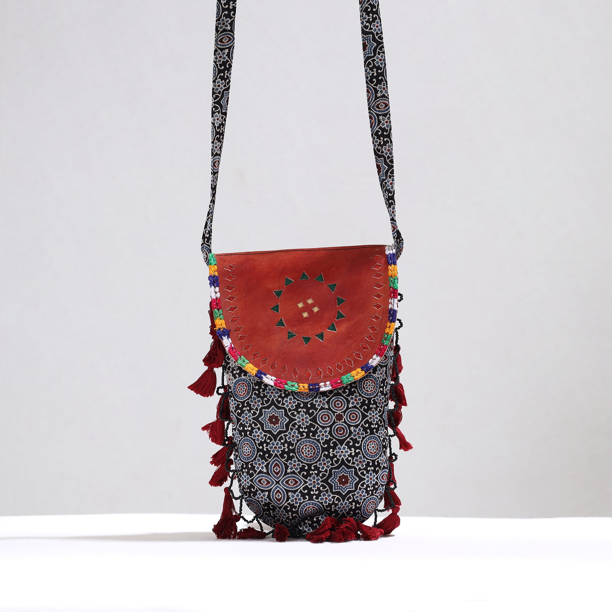 KACHCHH JI CHHAAP Black - Kutch Leather & Mashru Silk Sling Bag with Tassels 33