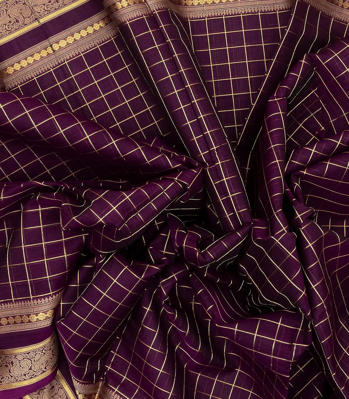 RmKV Burgundy Handloom Silk Cotton Saree With Zari Checks - view 3
