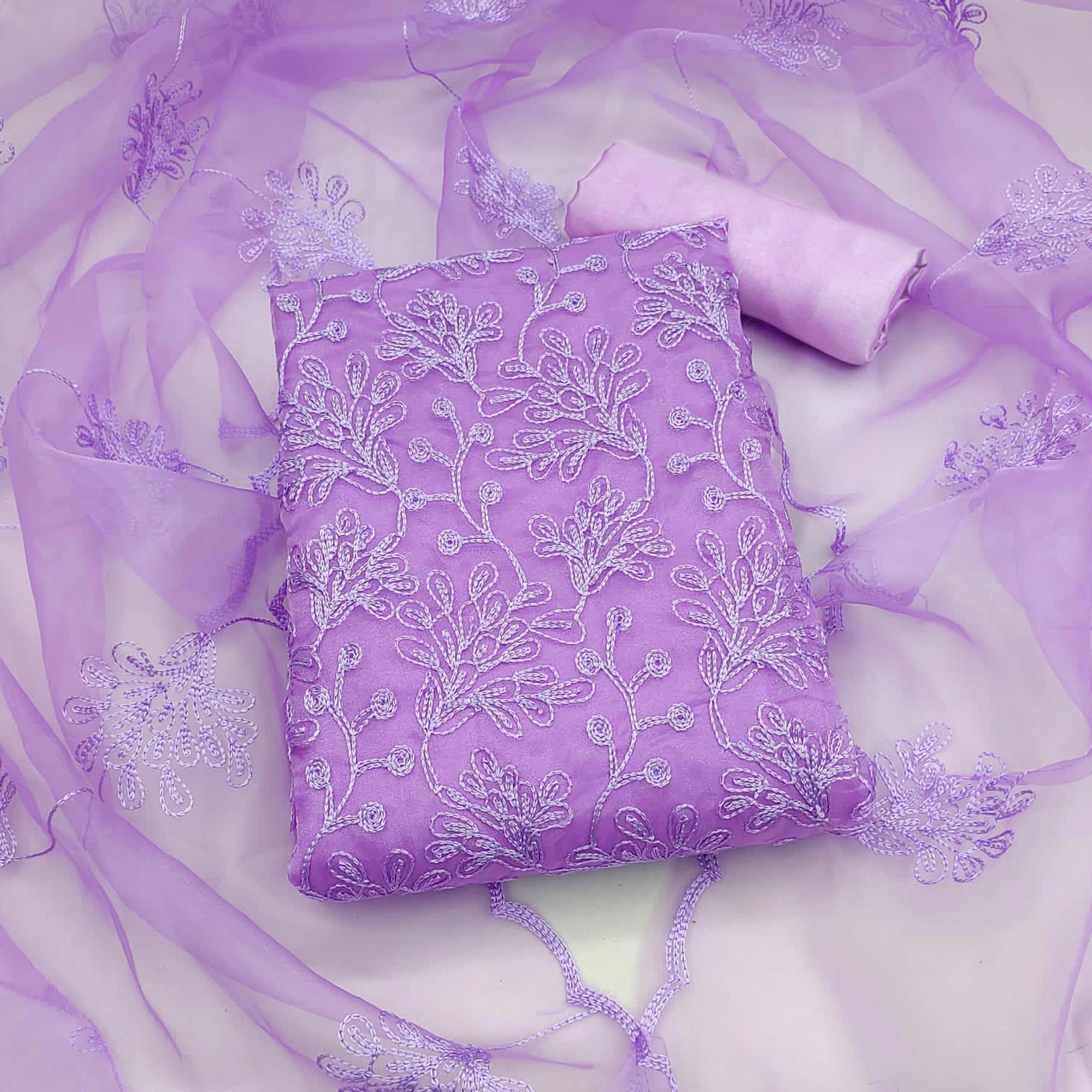 Peachmode Lavender Floral Embroidered Organza Dress Material