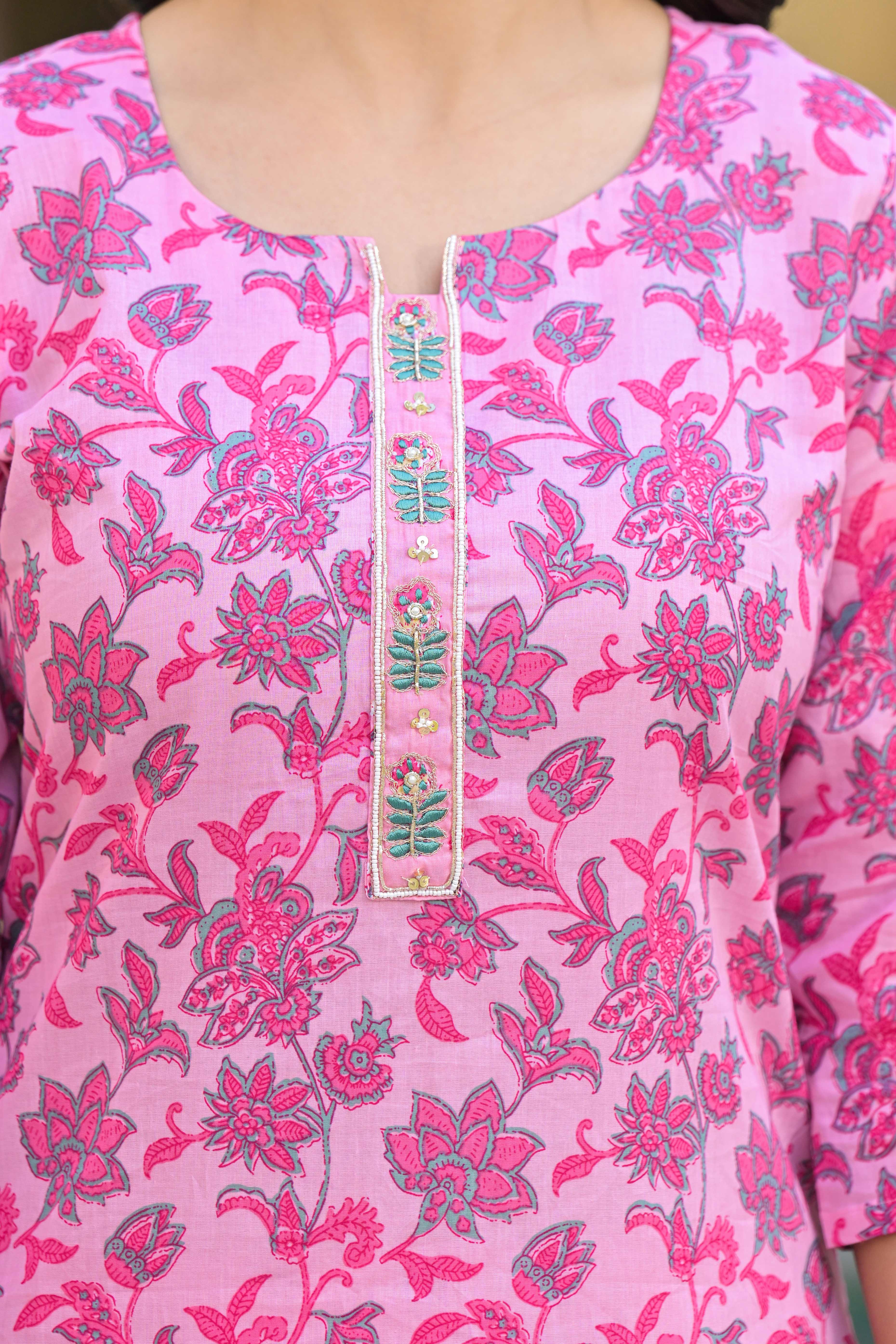 Peachmode Blush Pink Floral Printed Pure Cotton Straight Salwar Suit - view 2