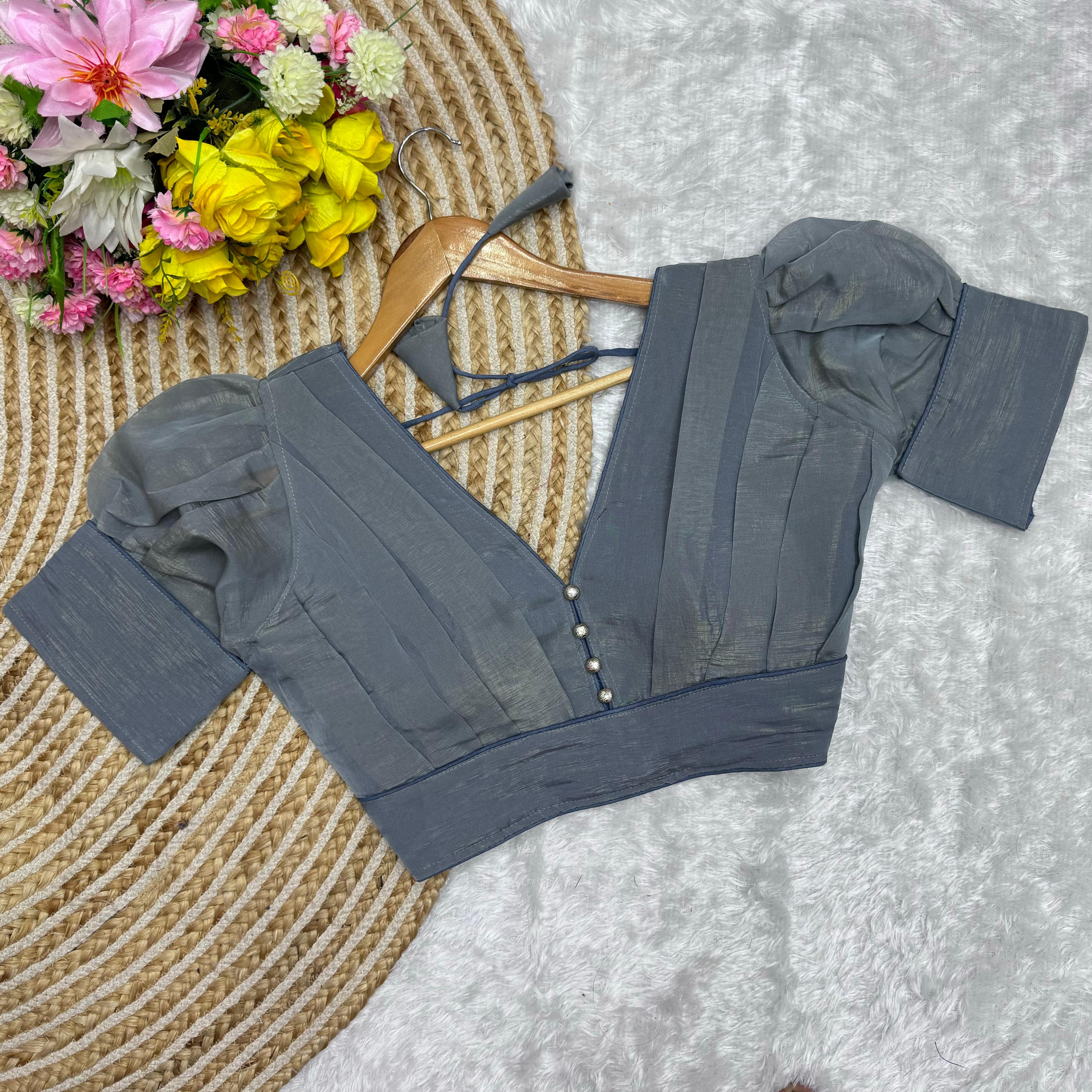ClothsVilla Grey Color Metallic Jari Blouse with Ruffled Pattern and Balloon Sleeves