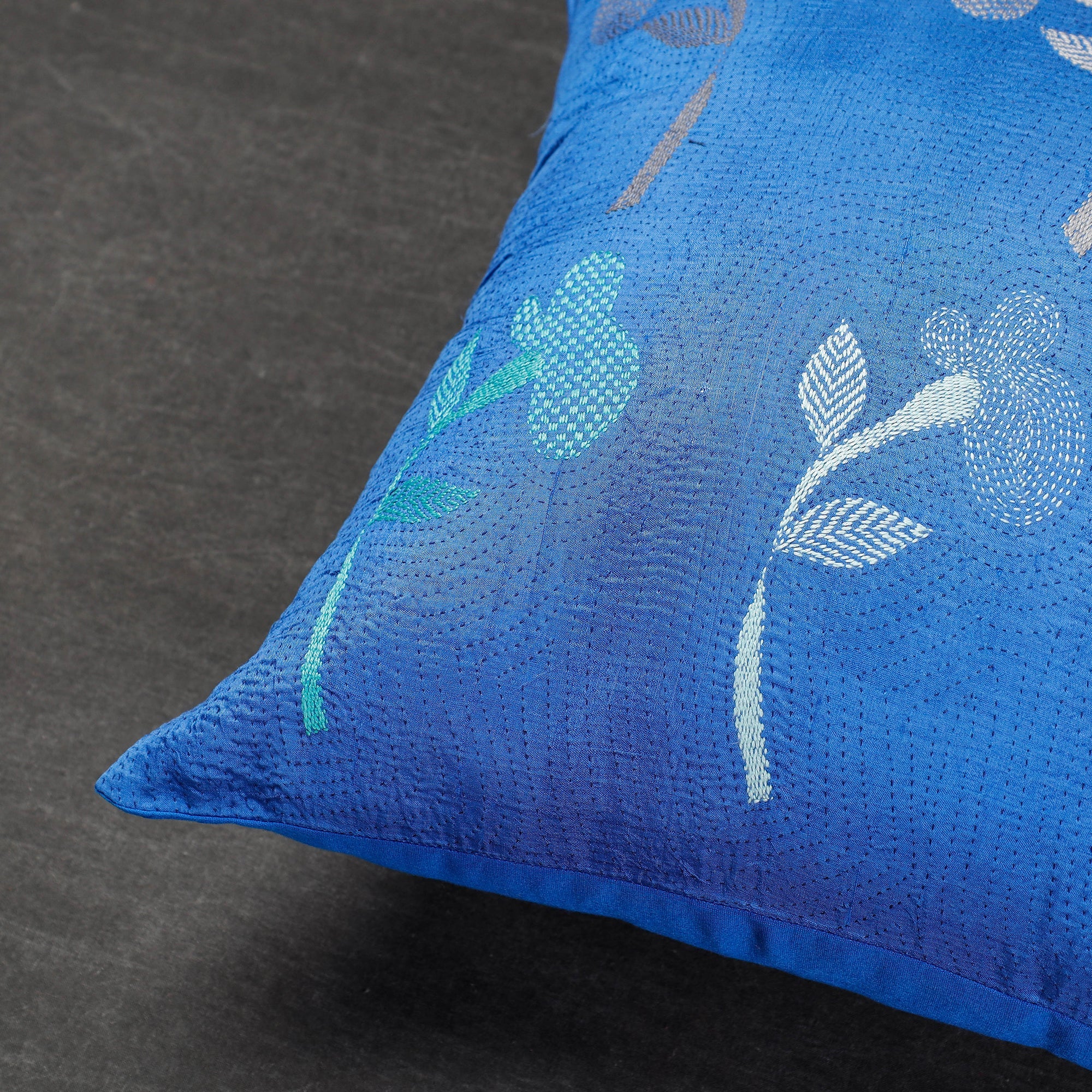 SASHA Blue - Bengal Kantha Embroidery Mulberry Silk Cushion Cover (16 x 16 in) - view 2