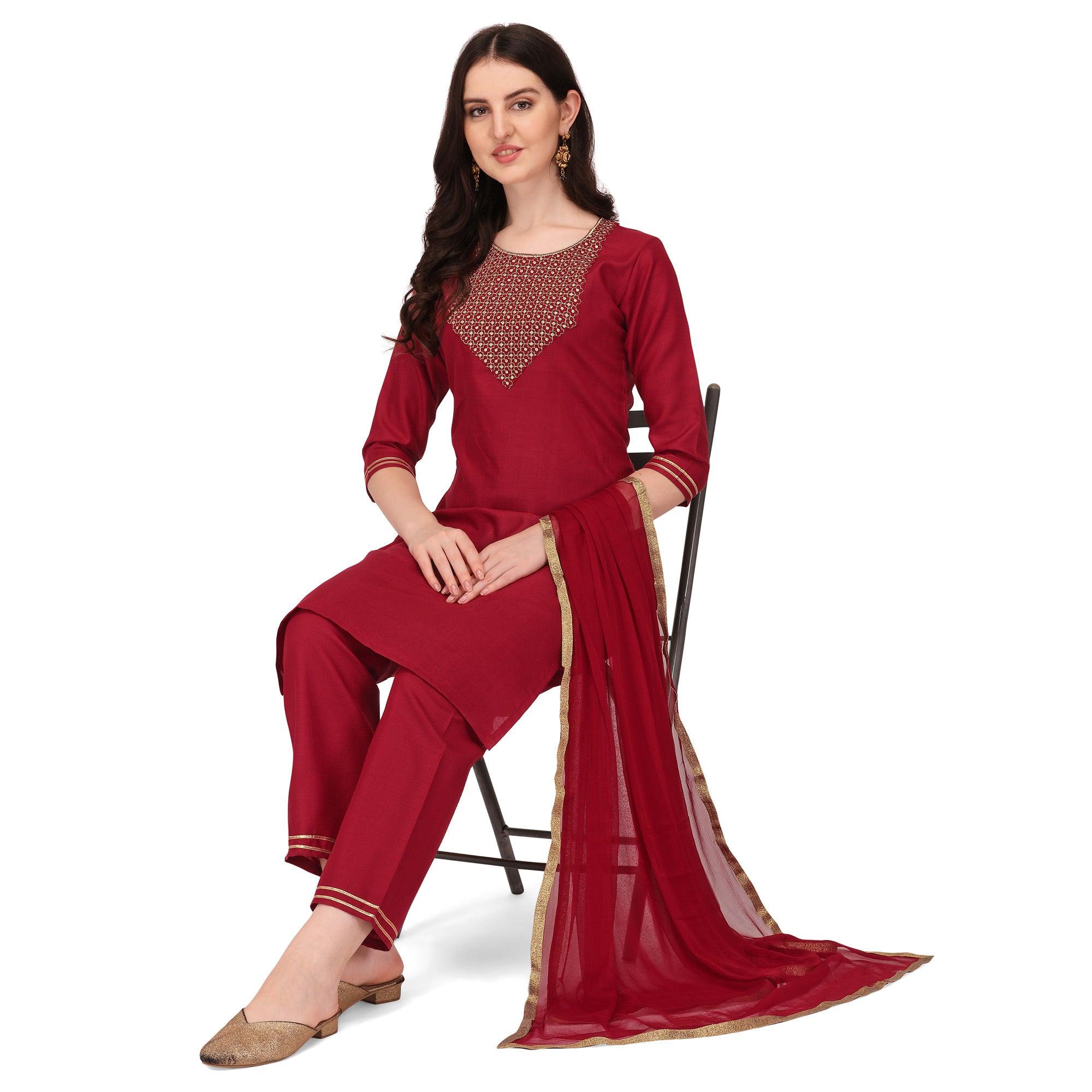Peachmode Seller Maroon Embroidered Cotton Blend Kurti Pant Set With Dupatta - view 6
