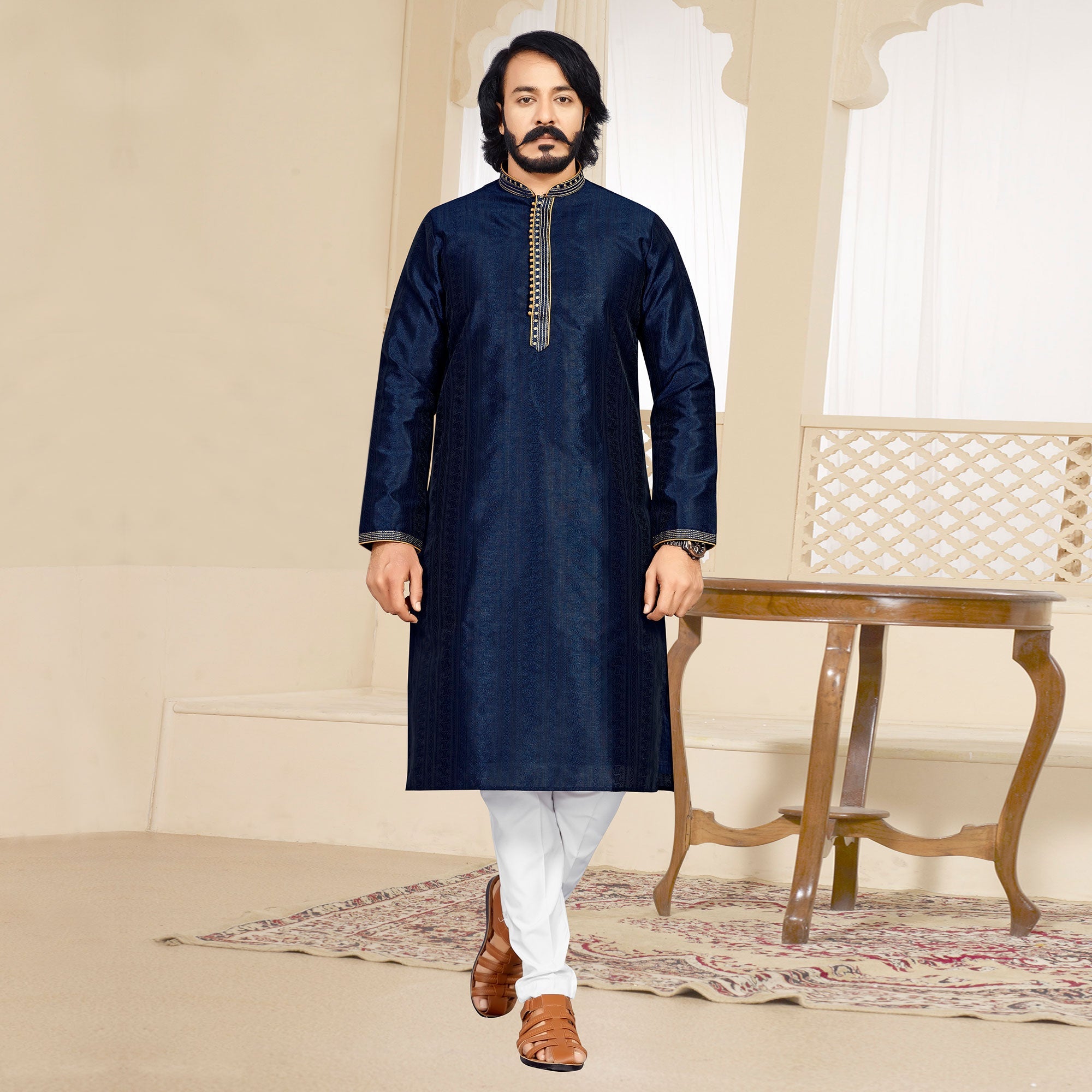 Peachmode Seller Blue Woven Jacquard Kurta Pyjama Set