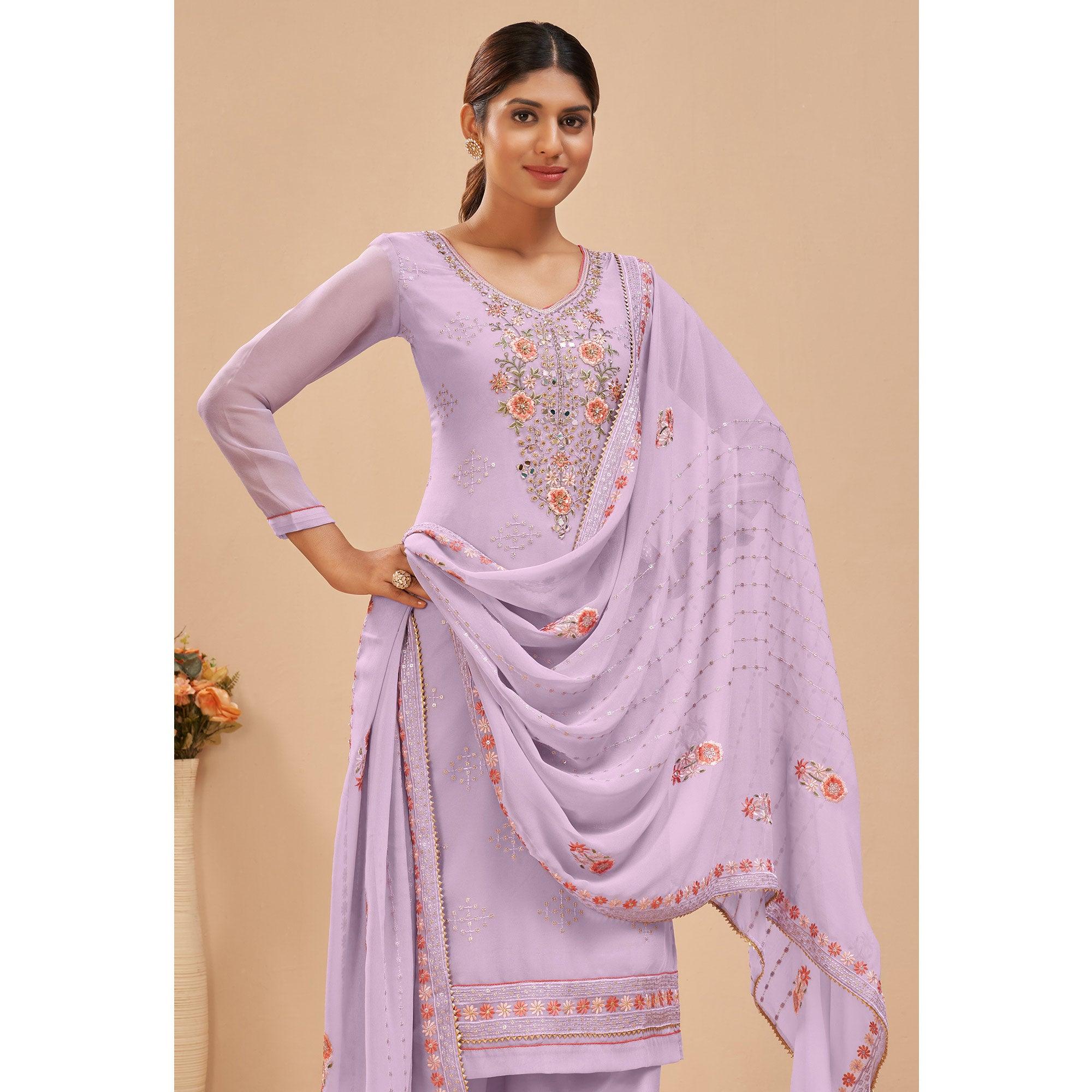 Peachmode Lavender Party Wear Embroidered Georgette Suit - view 2