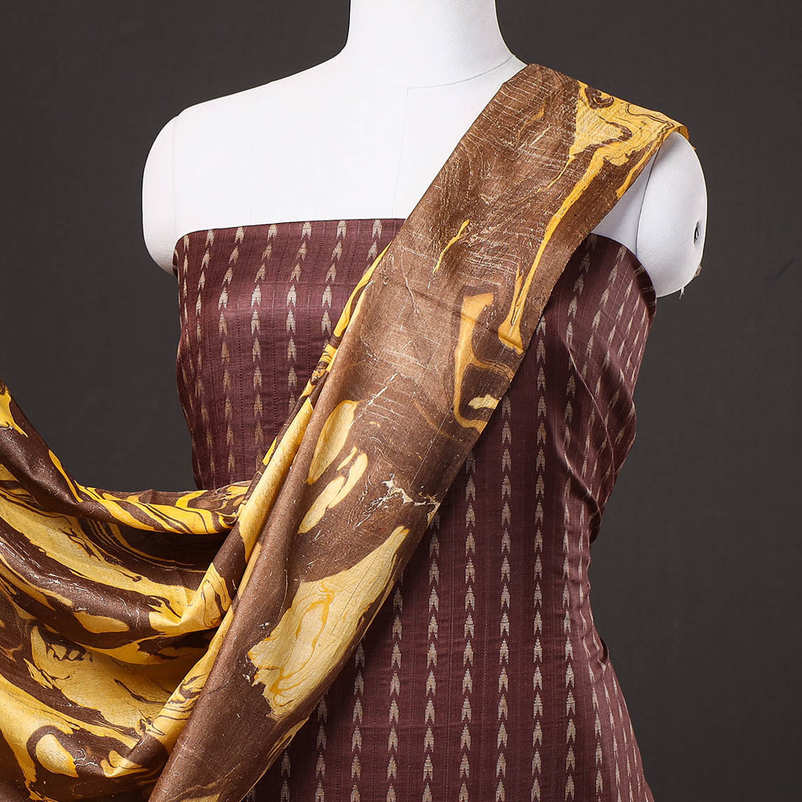 RUISA Brown - 3pc Handloom Mulberry Suit Material Set with Banana Silk Marble Printed Dupatta - view 3