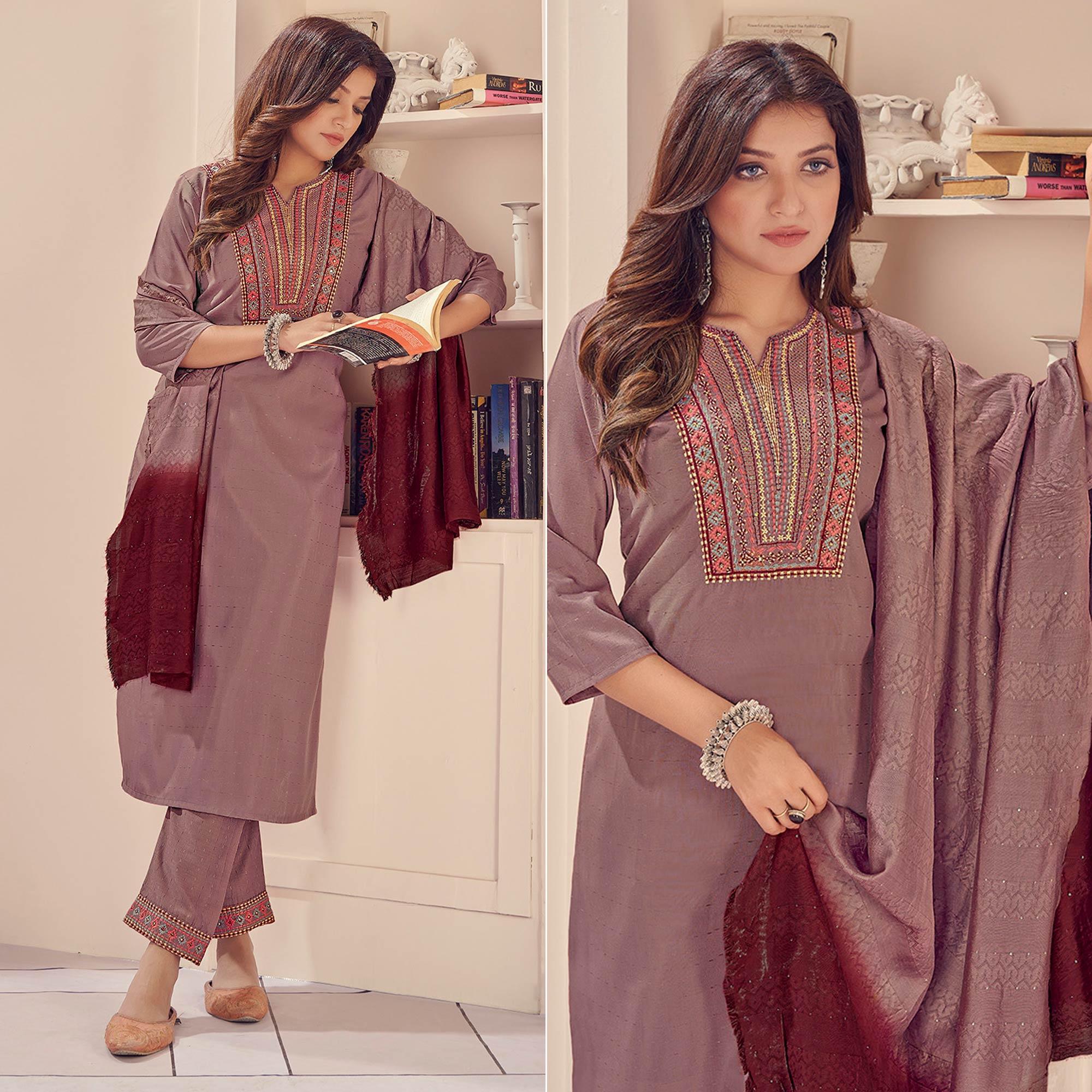 Peachmode Seller Mauve Embroidered With Embellished Chiffon Kurti Pant Set With Dupatta