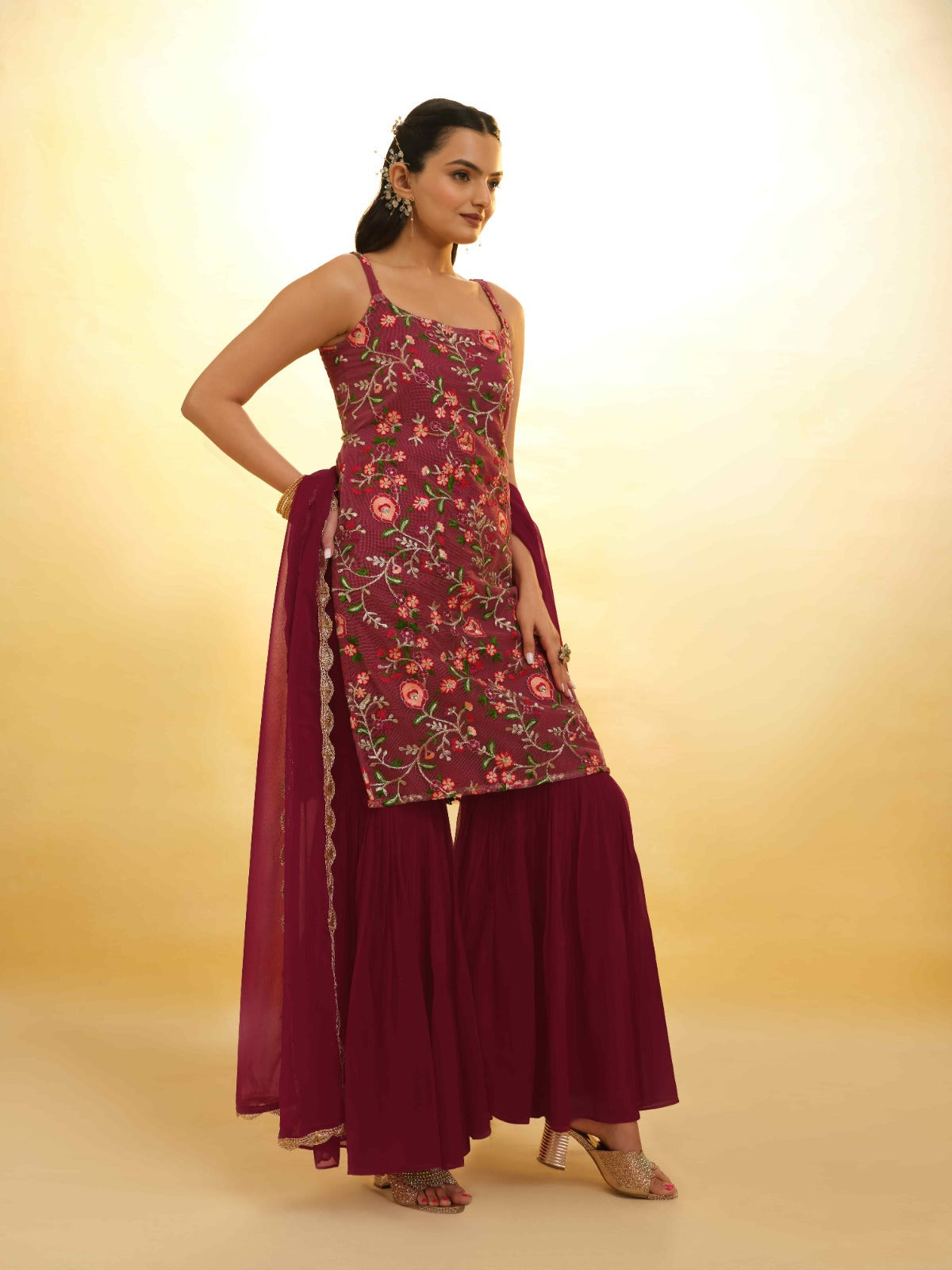 ClothsVilla Maroon Georgette Suit with Embroidery and Shantoon Bottom - view 2