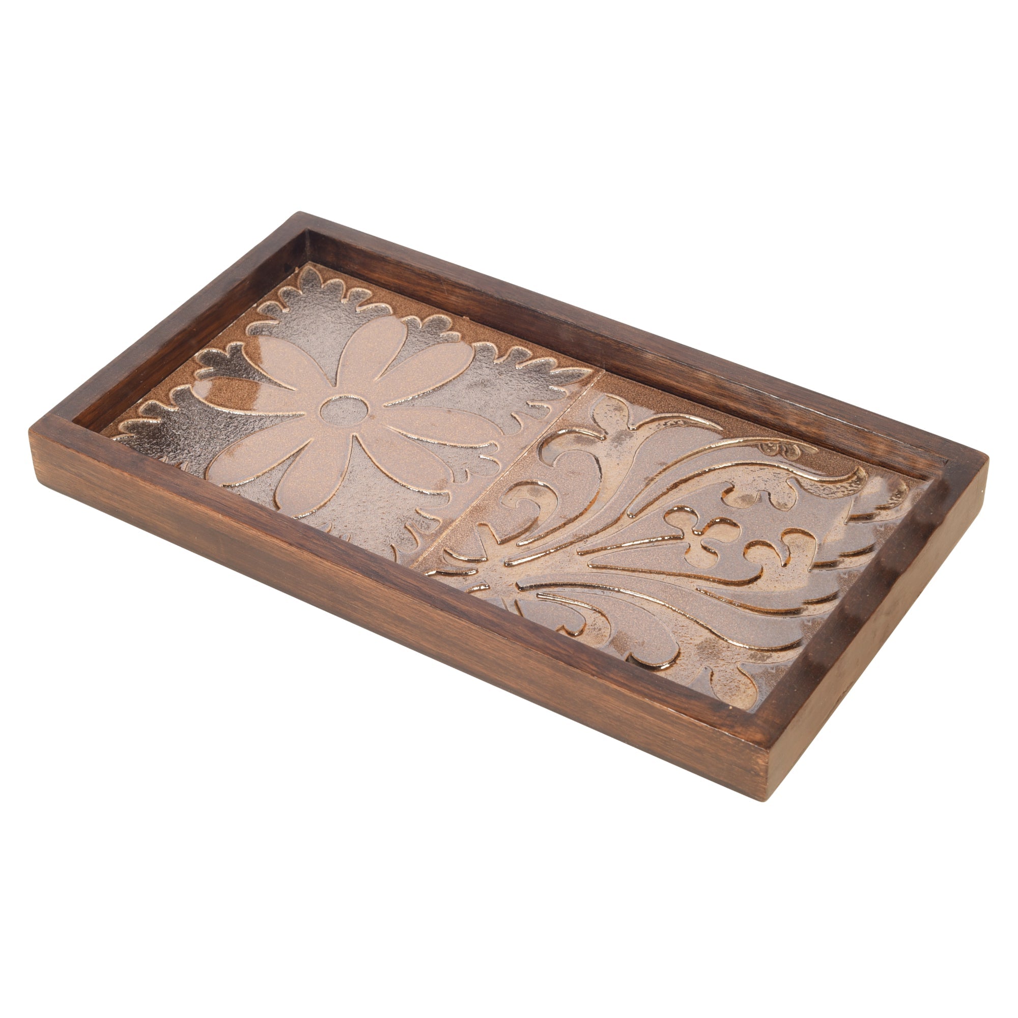 ART CREATIONS BY SUMAN SONTHALIA Brown - Mango Wood Handcrafted Floral Serenade Rectangular Tray (12 x 7.5 in) - view 2