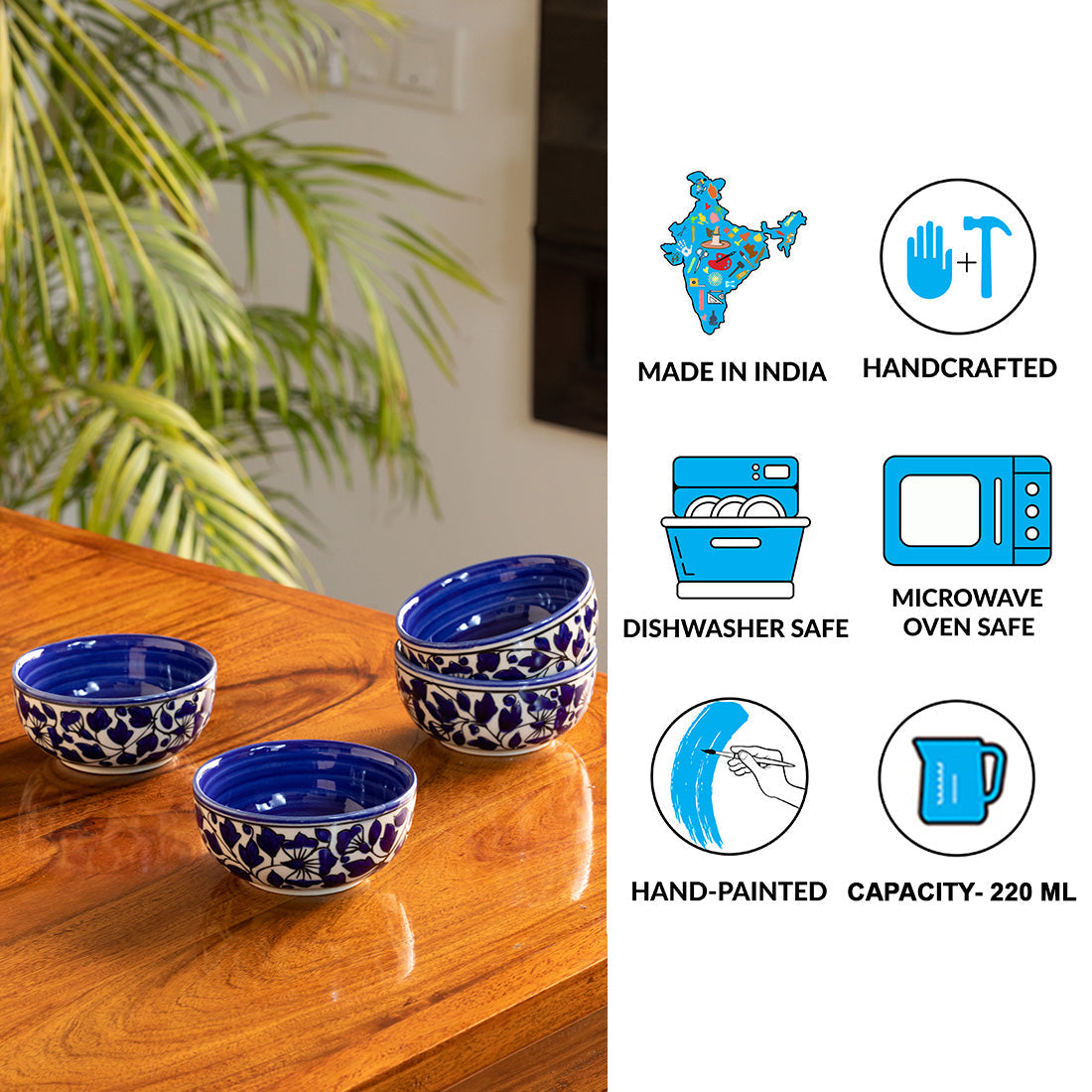 EXCLUSIVELANE 'Badamwari Bagheecha-2' Handpainted Ceramic Dinner Bowls/Katoris (Set of 4, 220 ML, Microwave Safe) - view 4