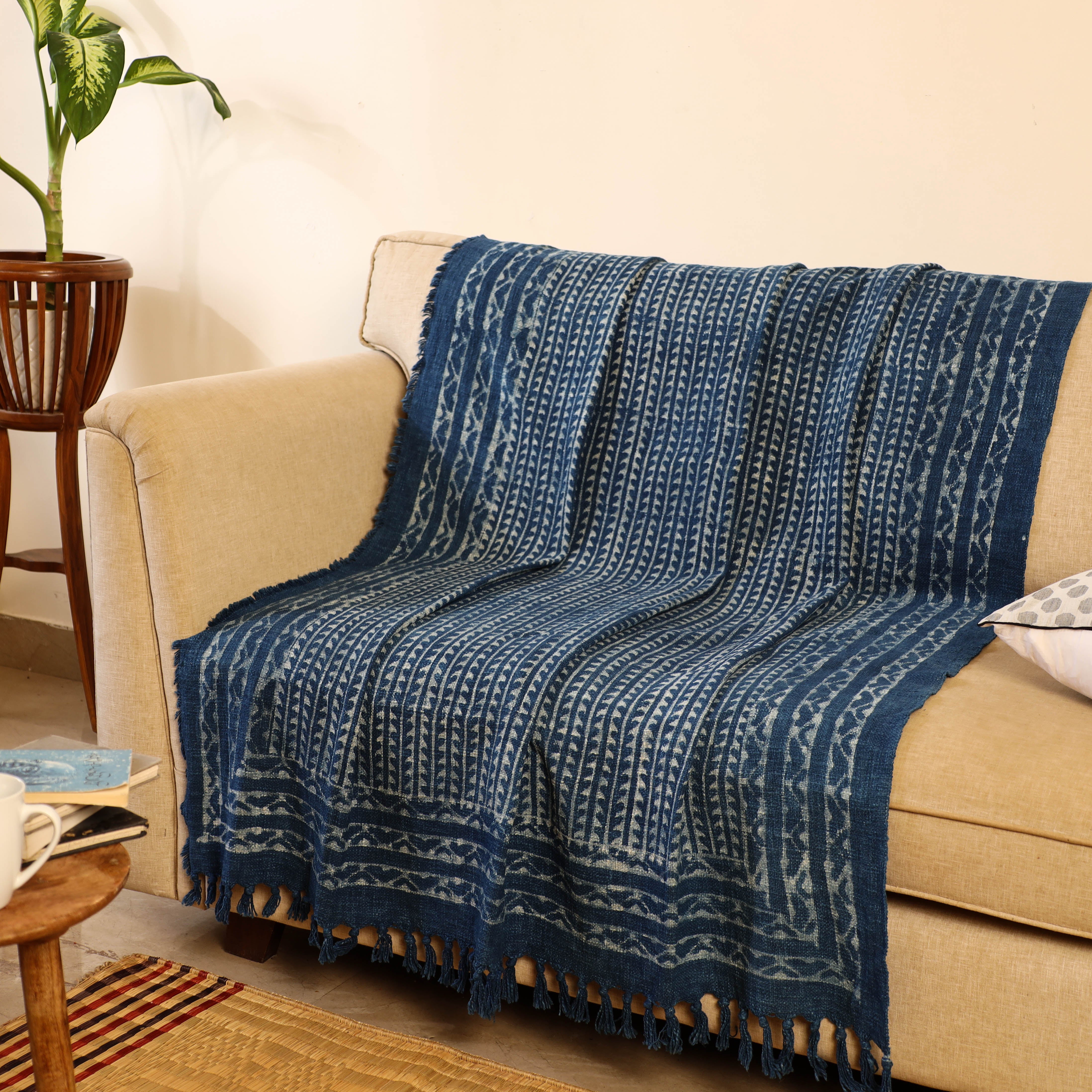 HAVELI CHRONICLES Handloom Jaipur Block Print Indigo Cotton Sofa Throw 01