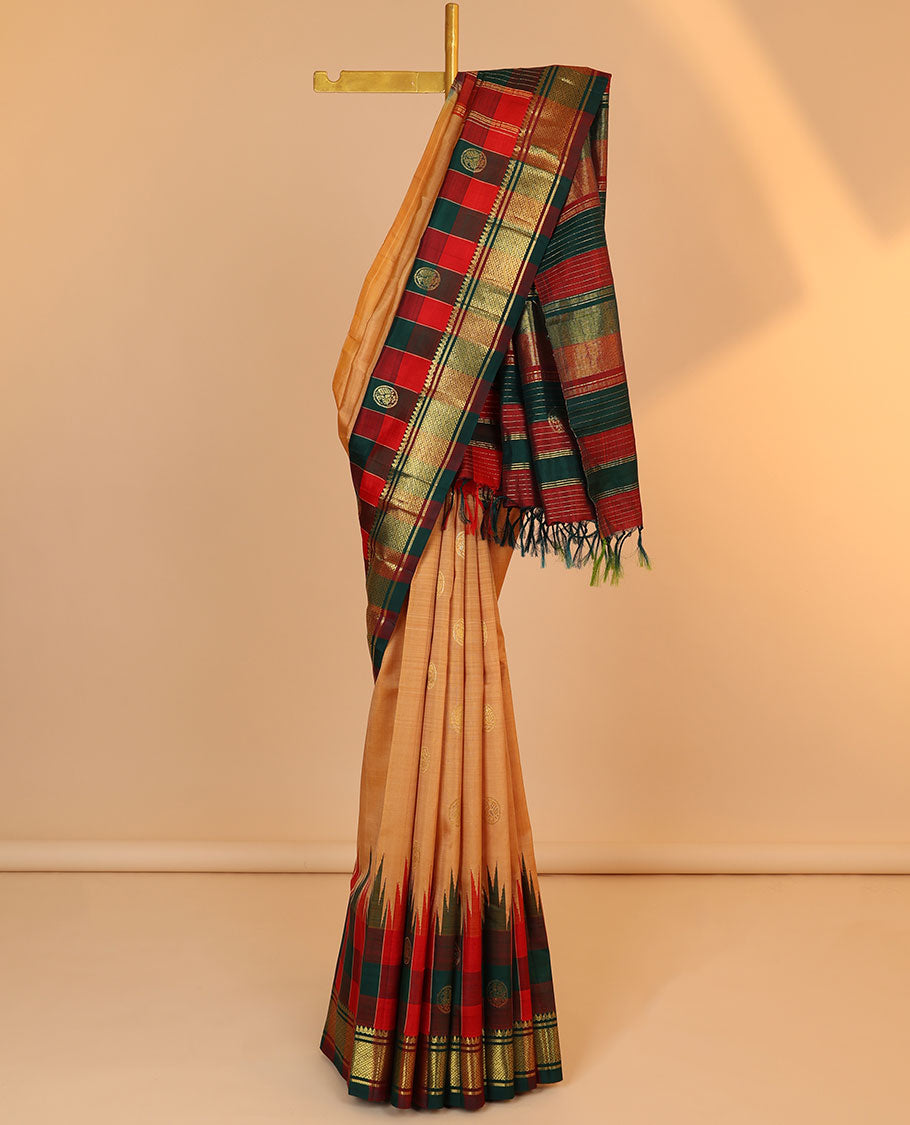 Pothys Orange buttas kancheepuram silksaree, contrast intricate zari pallu & checked temple border of thilakam mokku & banaras