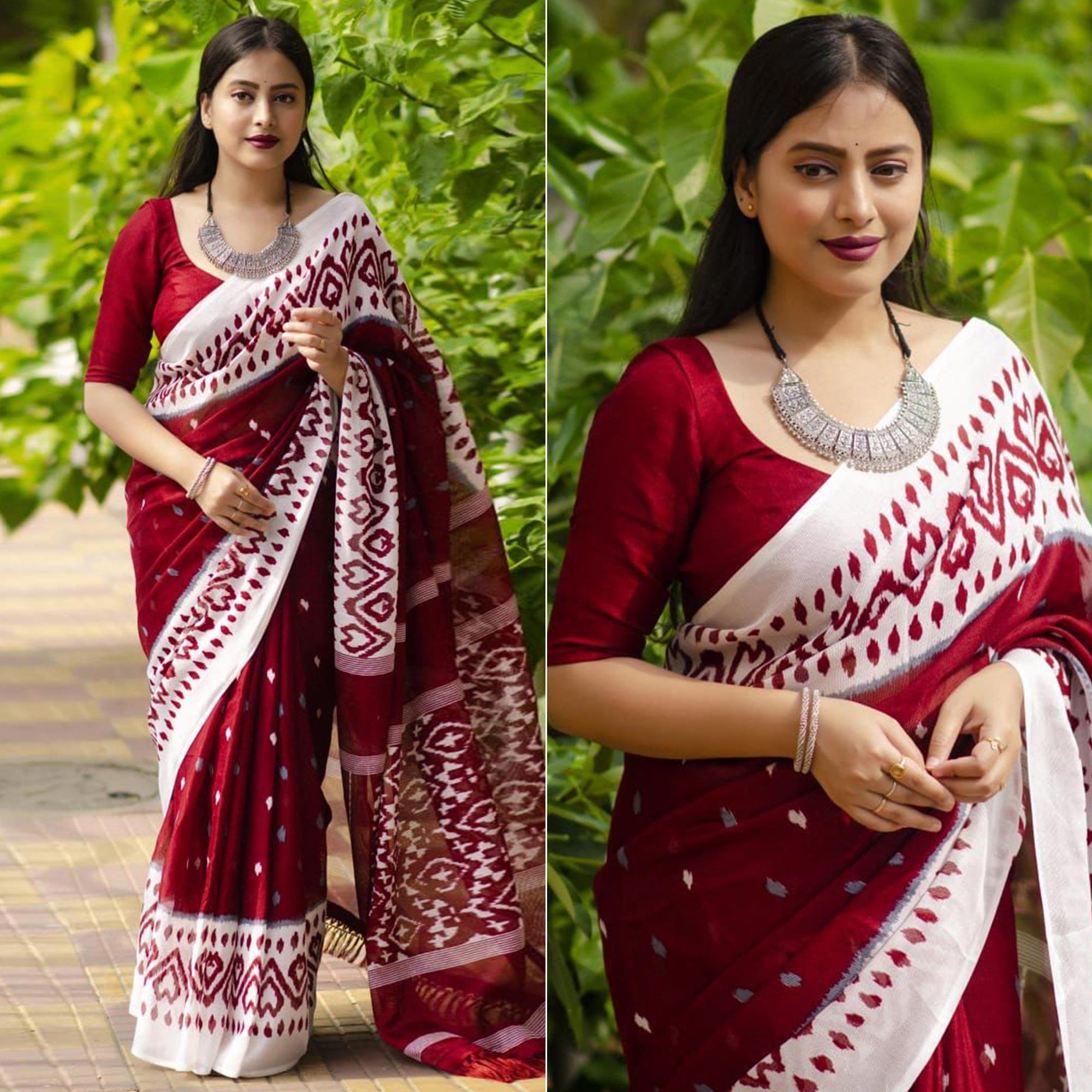 Peachmode Maroon Digital Ikkat Printed Linen Saree