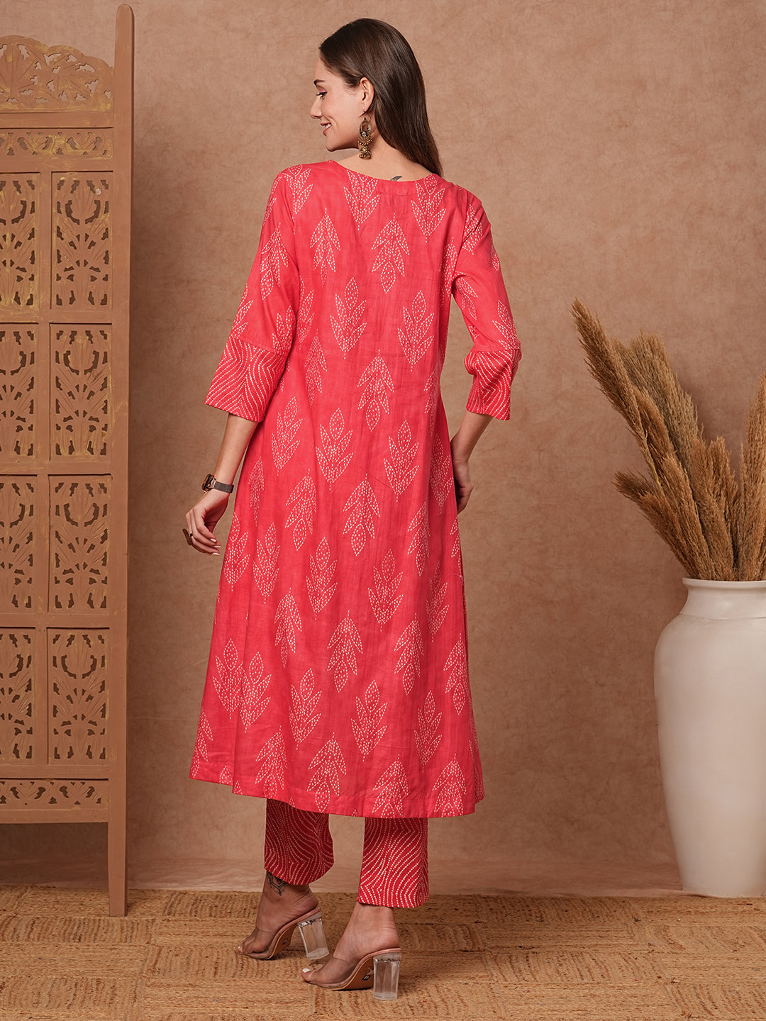 Fashor Ethnic Printed & Bead Embroidered A-Line Kurta with Pant - Peach - view 6