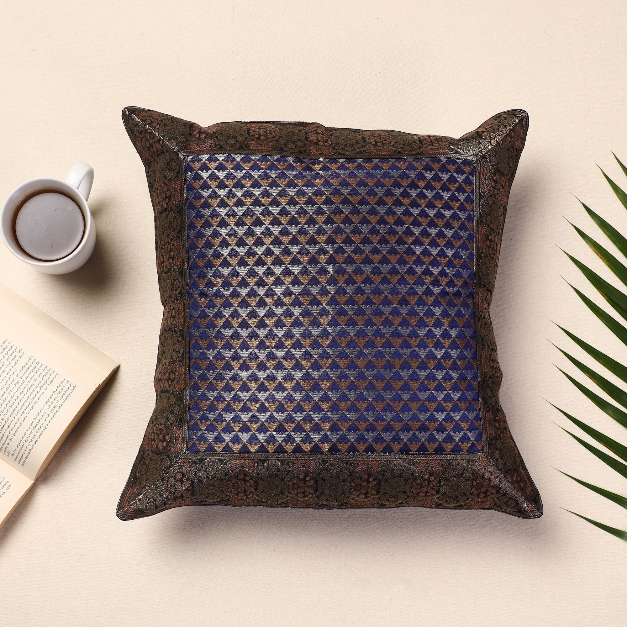BANARASI BY MAQBUL HASAN Blue - Banarasi Handwoven Silk Zari Cushion Cover (16 x 16 in)