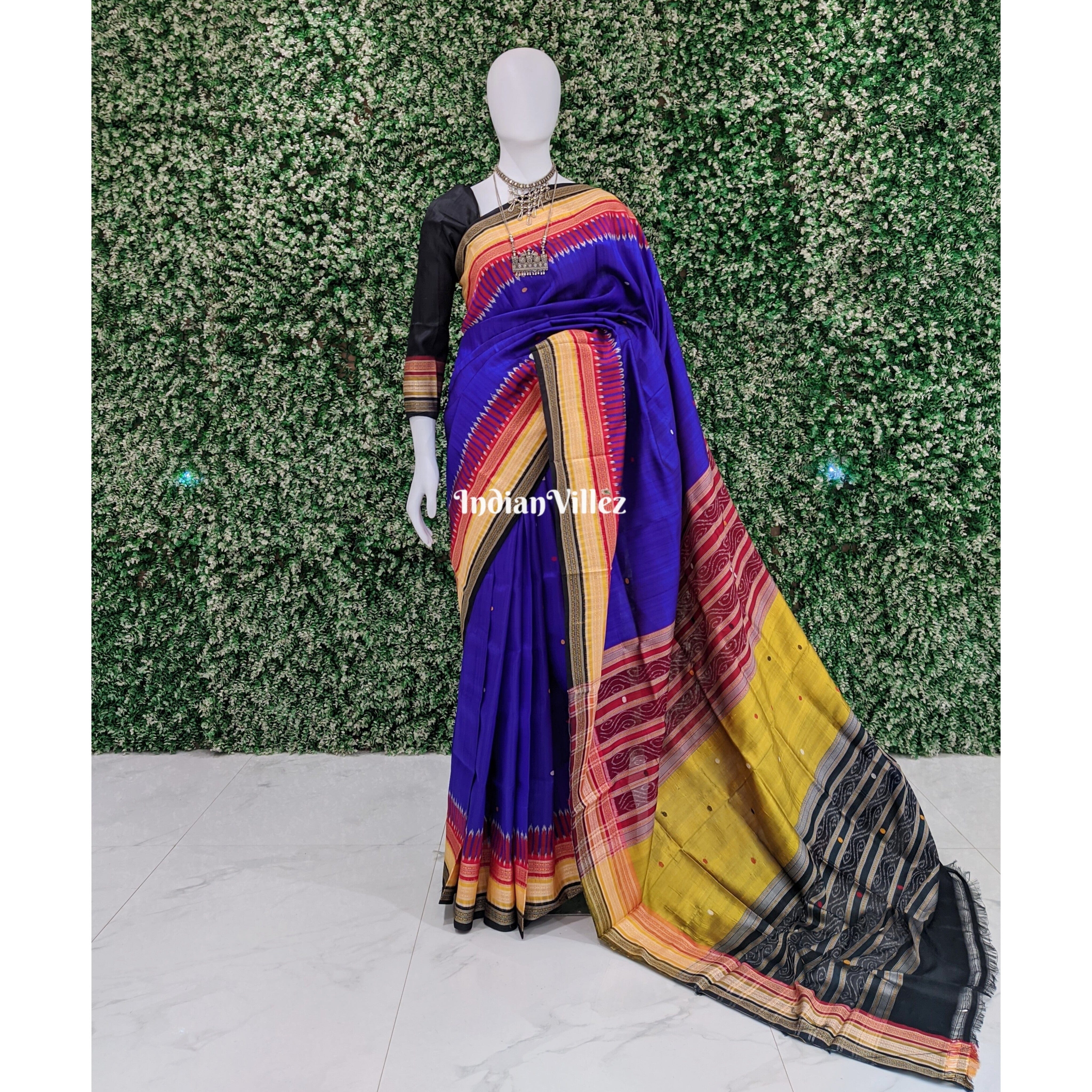 IndianVillèz Royal Blue Kathiphera Ikat Odisha Handloom Khandua Silk Saree
