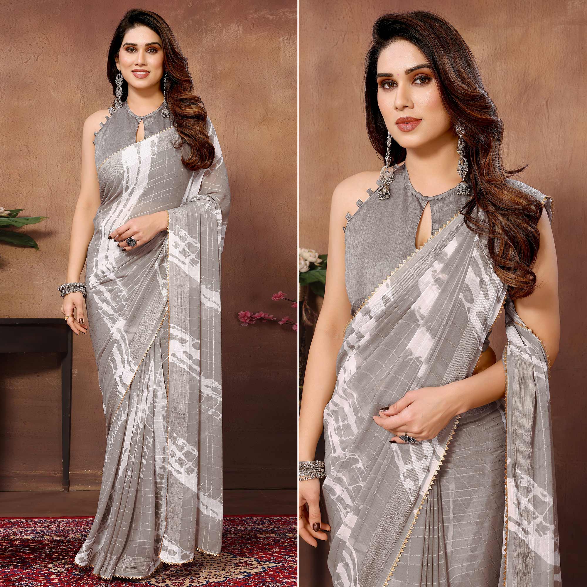 Peachmode Seller Light Grey Woven With Printed Ready To Wear Georgette Saree