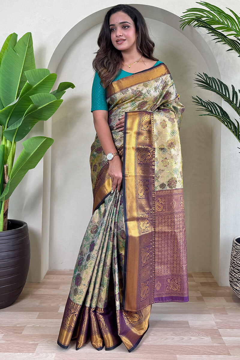 Tasrika Imaginative Beige and Blue Kanjivaram Silk Saree With Refreshing Blouse Piece