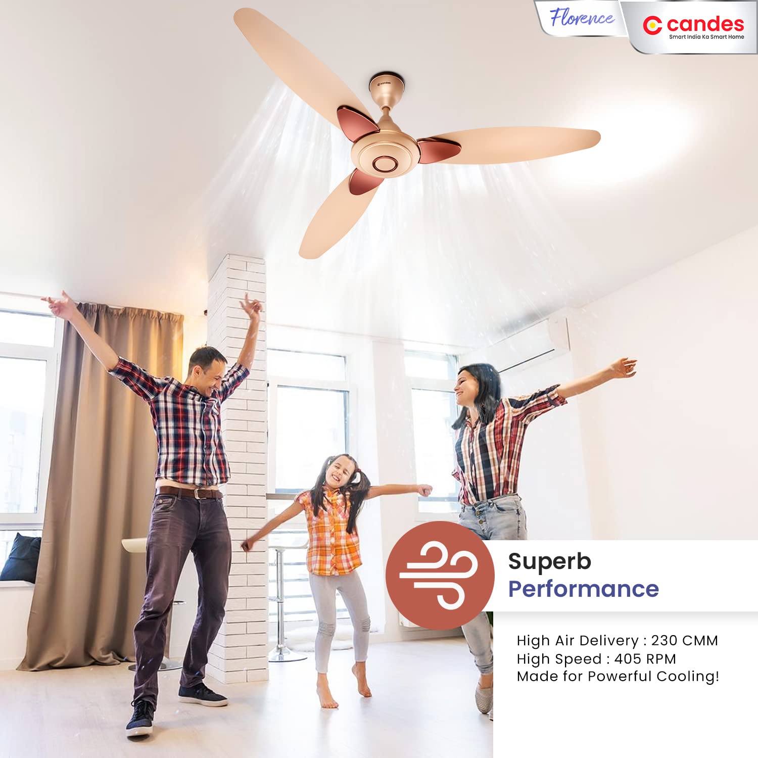 Candes Florence 1200mm/48 inch High Speed Anti-dust Decorative 3 Star Rated Ceiling Fan(100% CNC Winding) 405 RPM (2 Yrs Warranty) (Gold, Pack of 2) - view 6