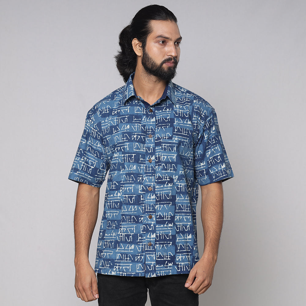 BINDAAS UNLIMITED Blue - Bindaas Block Printed Natural Dyed Cotton Men Half Sleeve Shirt