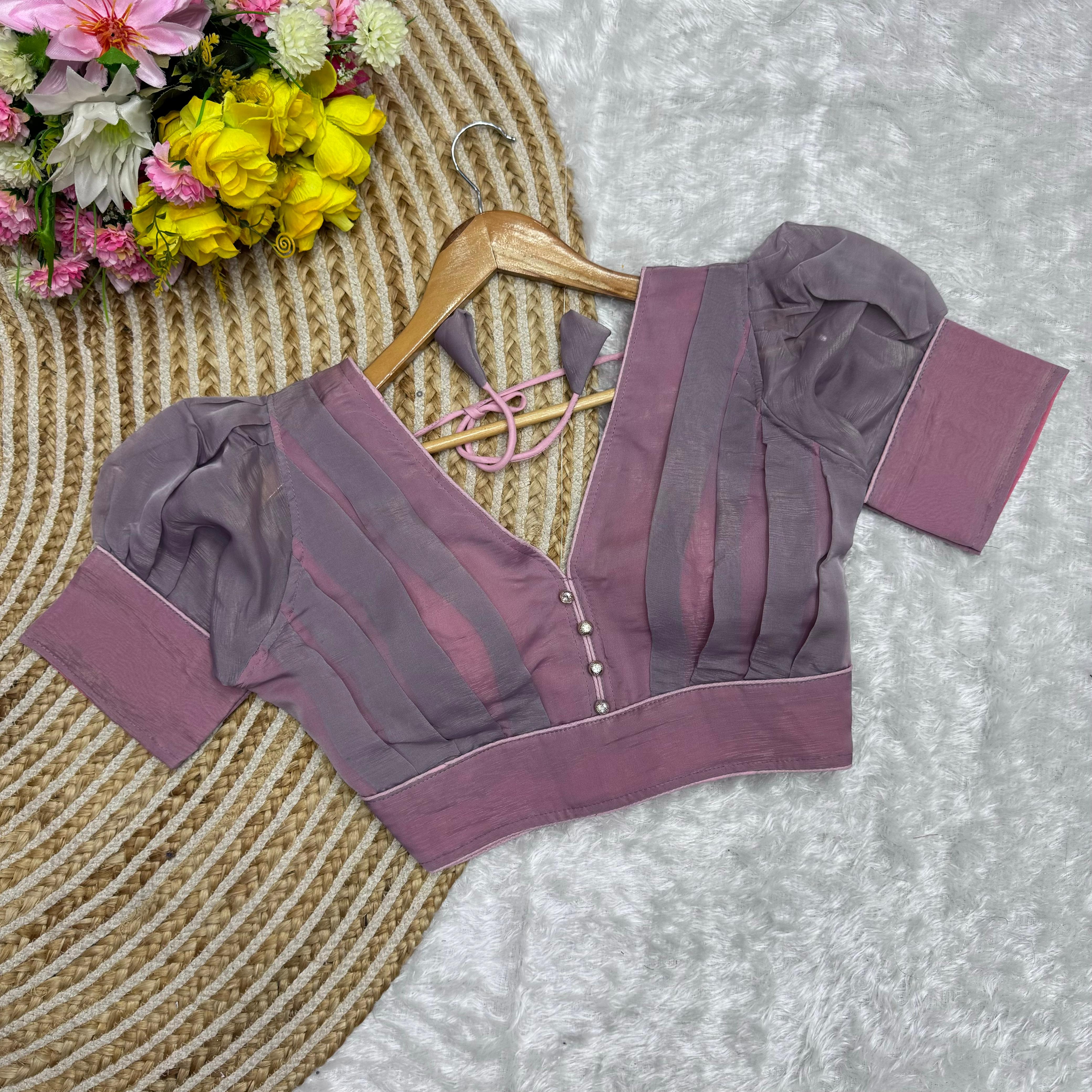 ClothsVilla Purple Color Metallic Jari Blouse with Ruffled Pattern and Balloon Sleeves
