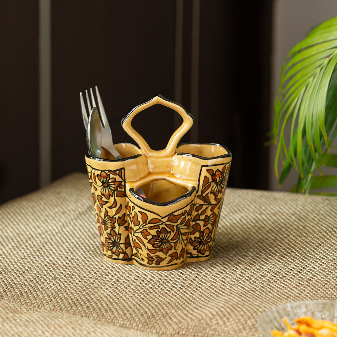 EXCLUSIVELANE 'Mughal Floral' Hand-painted Ceramic Cutlery & Stationery Holder