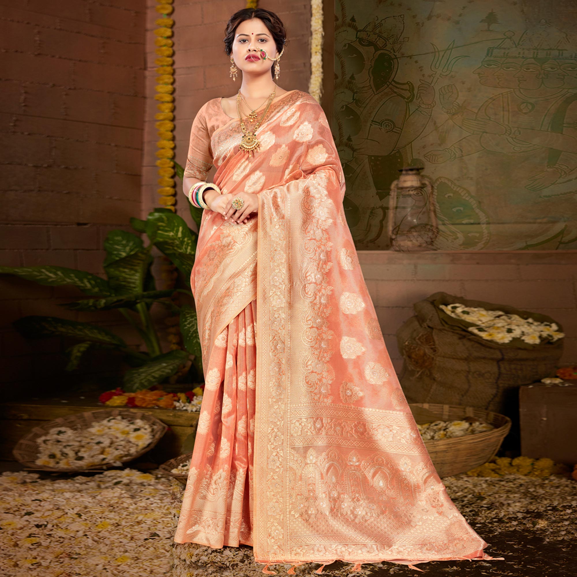 Peachmode Dark Peach Floral Woven Kota Doria Saree With Tassels