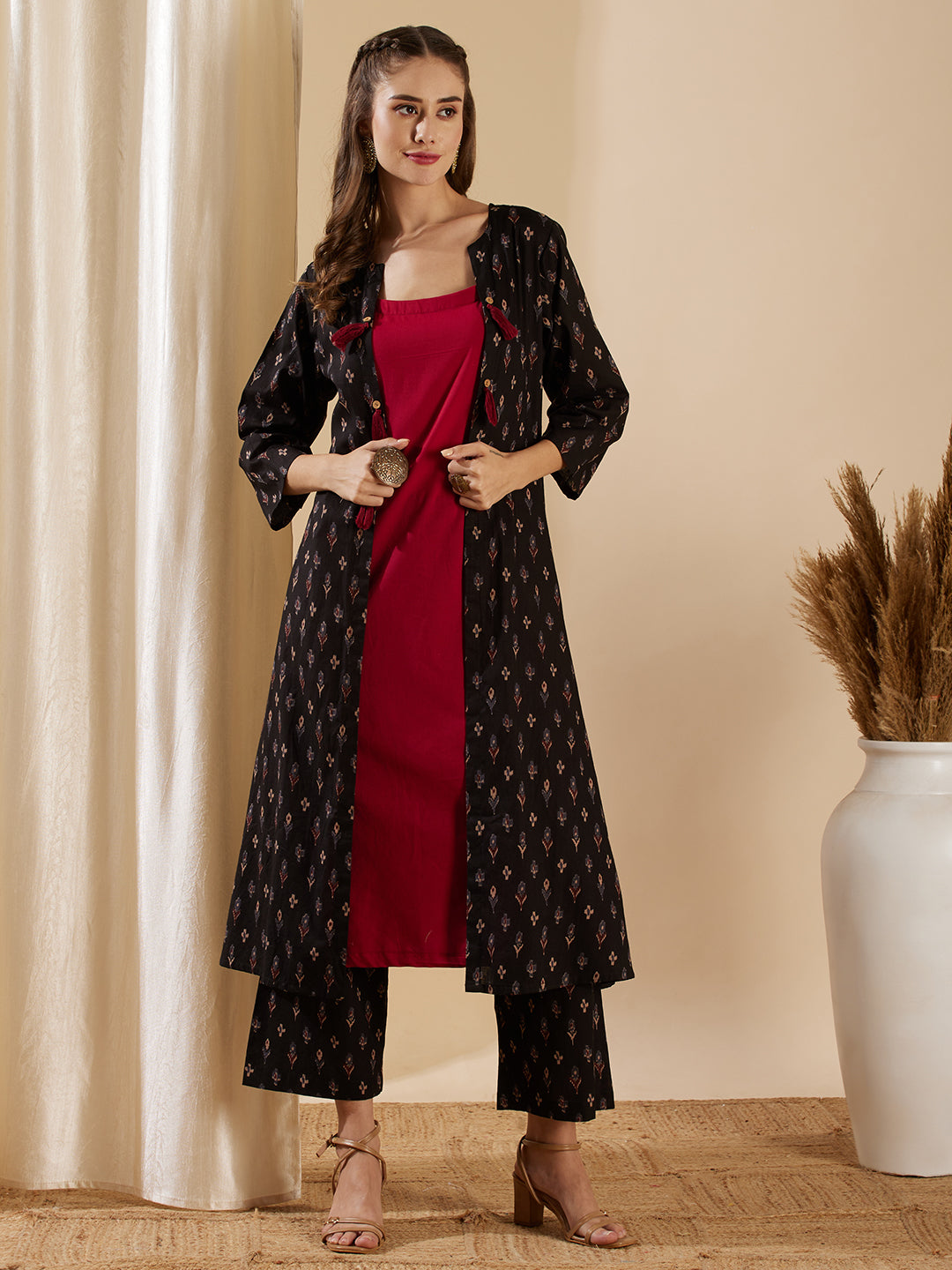 Fashor Ethnic Ikat Printed A-Line Jacket with Solid Inner & Printed Palazzo - Black