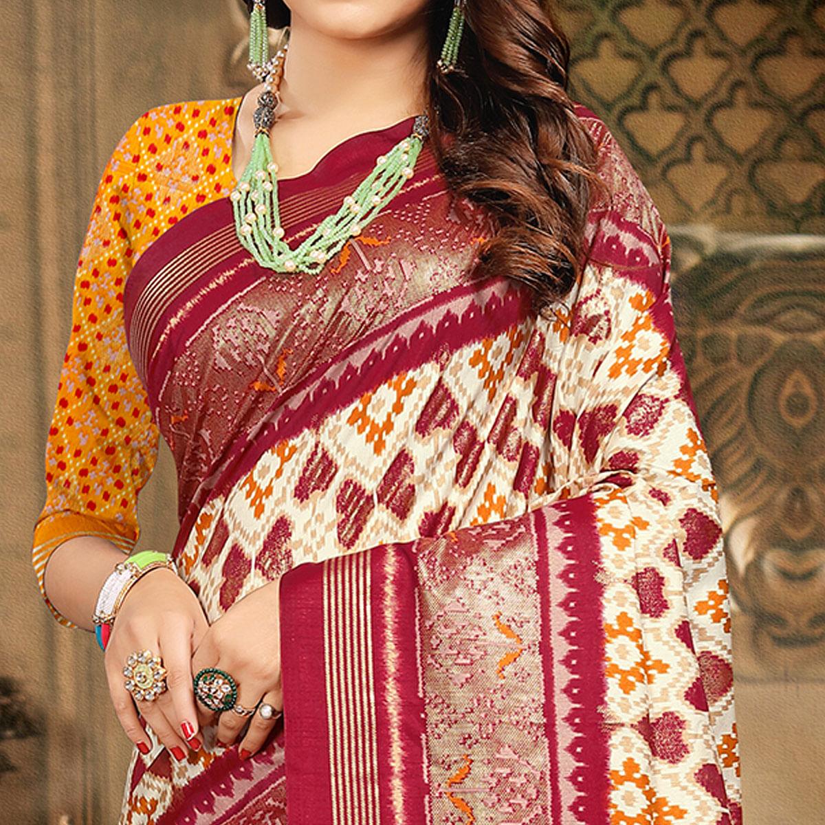 Peachmode Cream Festive Wear Printed Bhagalpuri Silk Saree - view 2