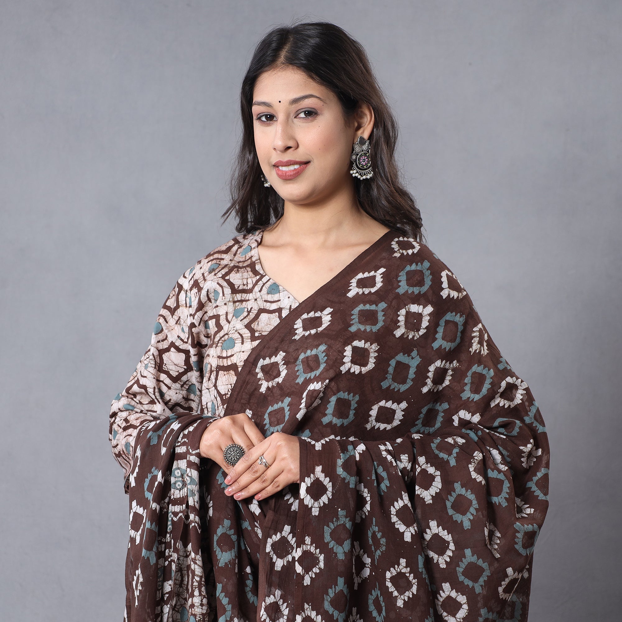 ITOKRI CASUALS Brown - - Hand Batik Printing Cotton Kurta with Palazzo & Dupatta Set - view 2