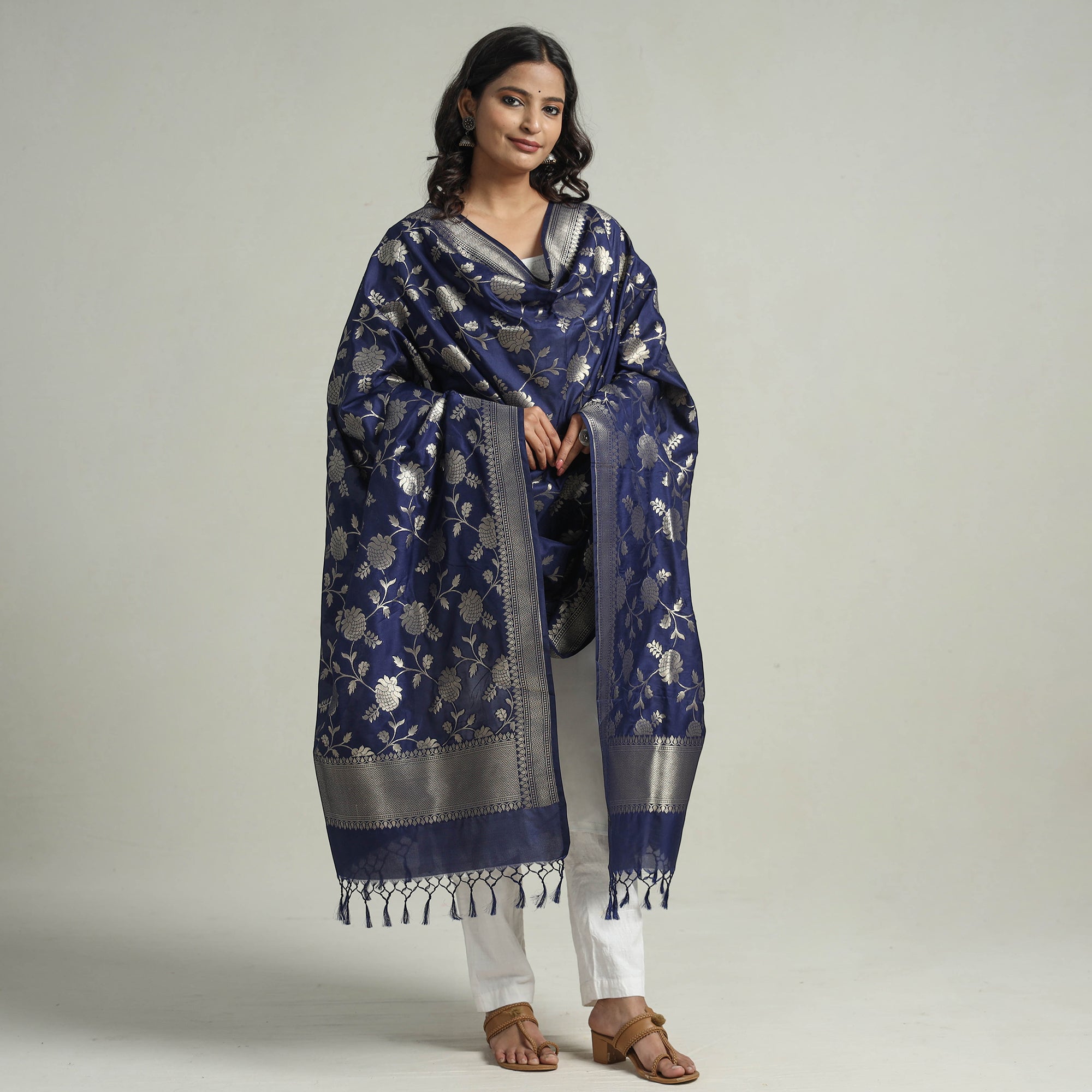BANARASI BY MAQBUL HASAN Blue - Banarasi Semi Silk Zari Jaal Dupatta with Tassels 09 - view 2
