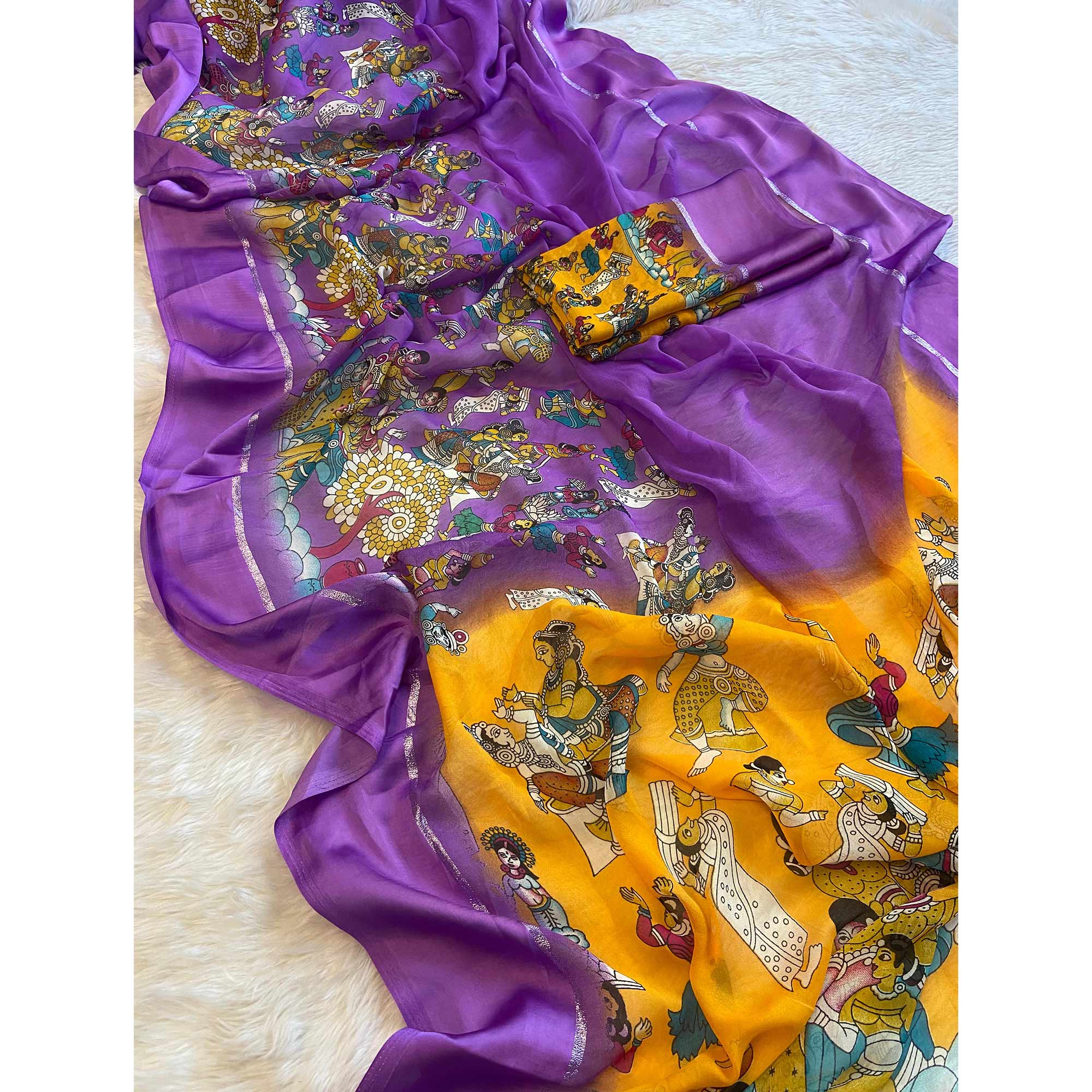 Peachmode Lavender Printed Georgette Saree With Satin Border - view 4