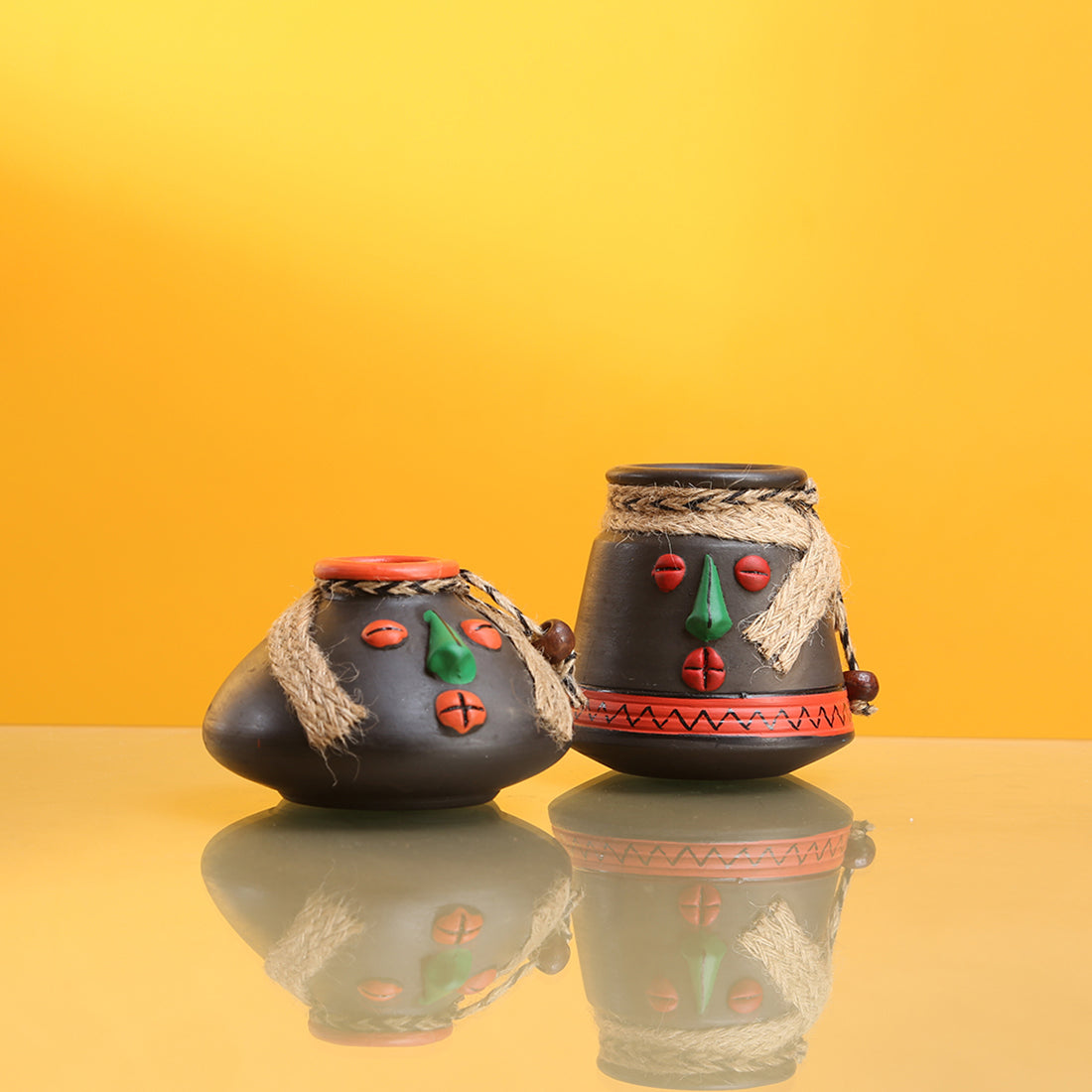 EXCLUSIVELANE 'Tribal Rustic Pot-Faces' In Terracotta with Jute Detailing Pots Showpieces (Set Of 2)