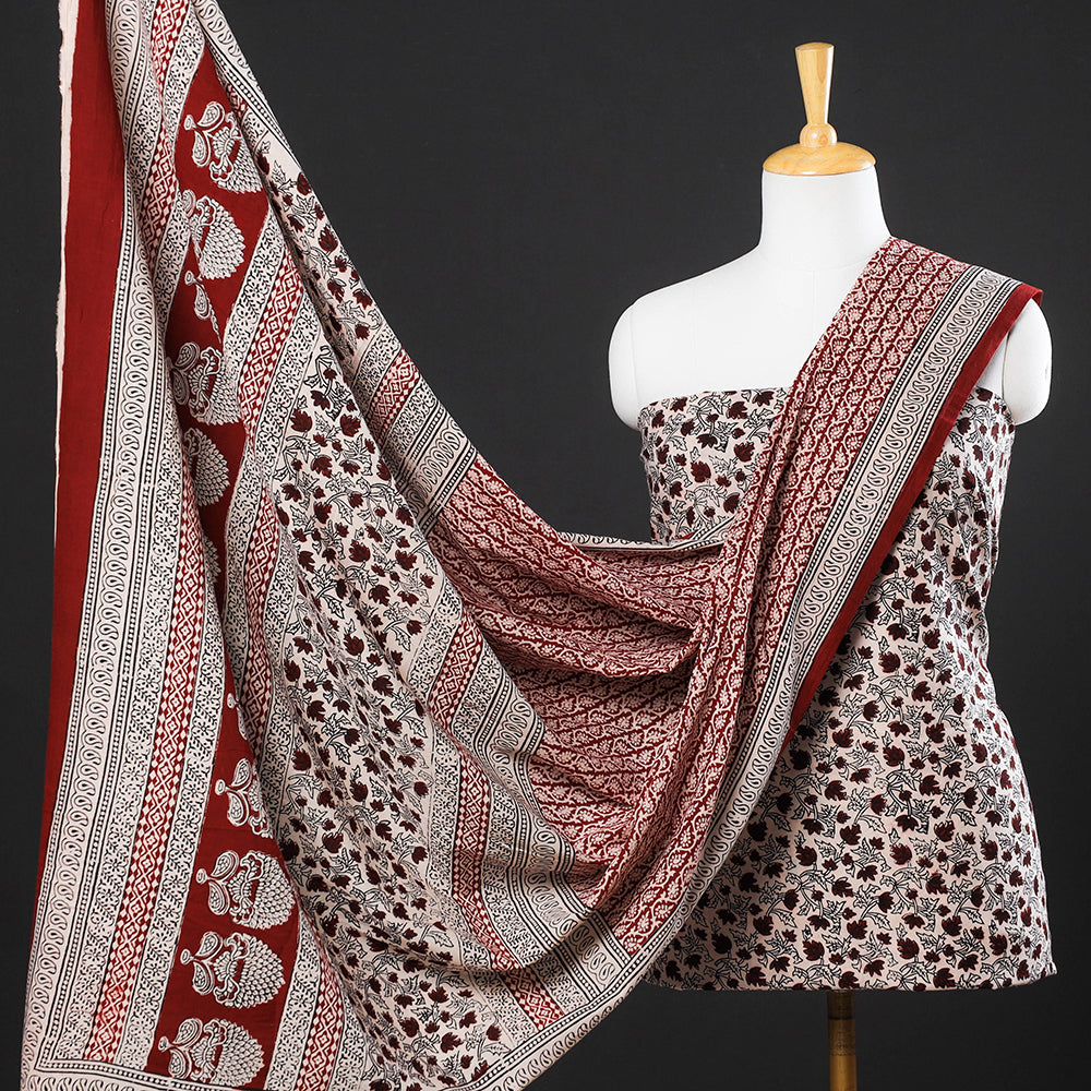 BAGH PRINTS BY MOHAMMED BILAL KHATRI Beige - 3pc Natural Dyed Cotton Bagh Print Suit Material Set