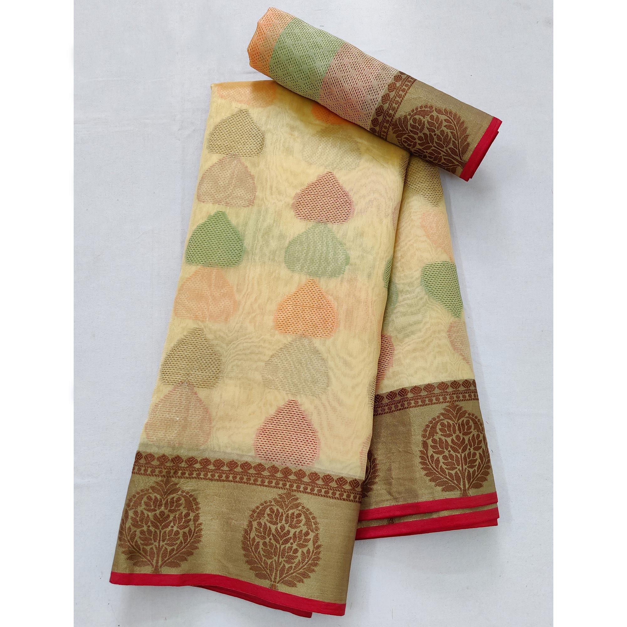 Peachmode Chikoo Festive Wear Woven Rich Pallu Organza Saree - view 2
