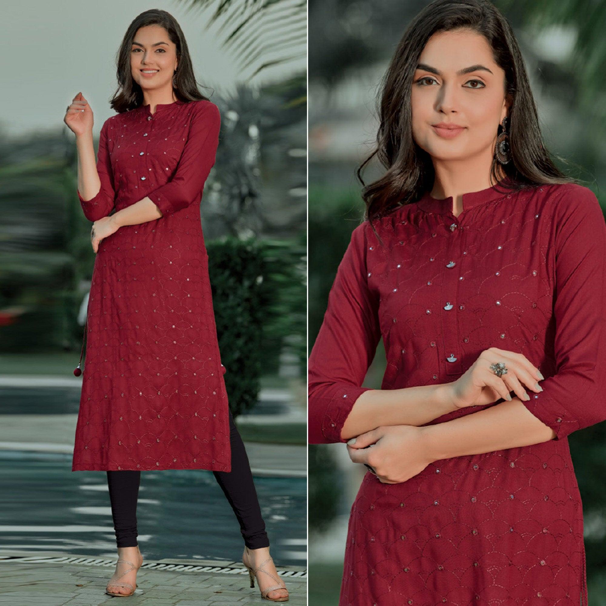 Peachmode Seller Maroon Embellished With Embroidered Cotton Kurti
