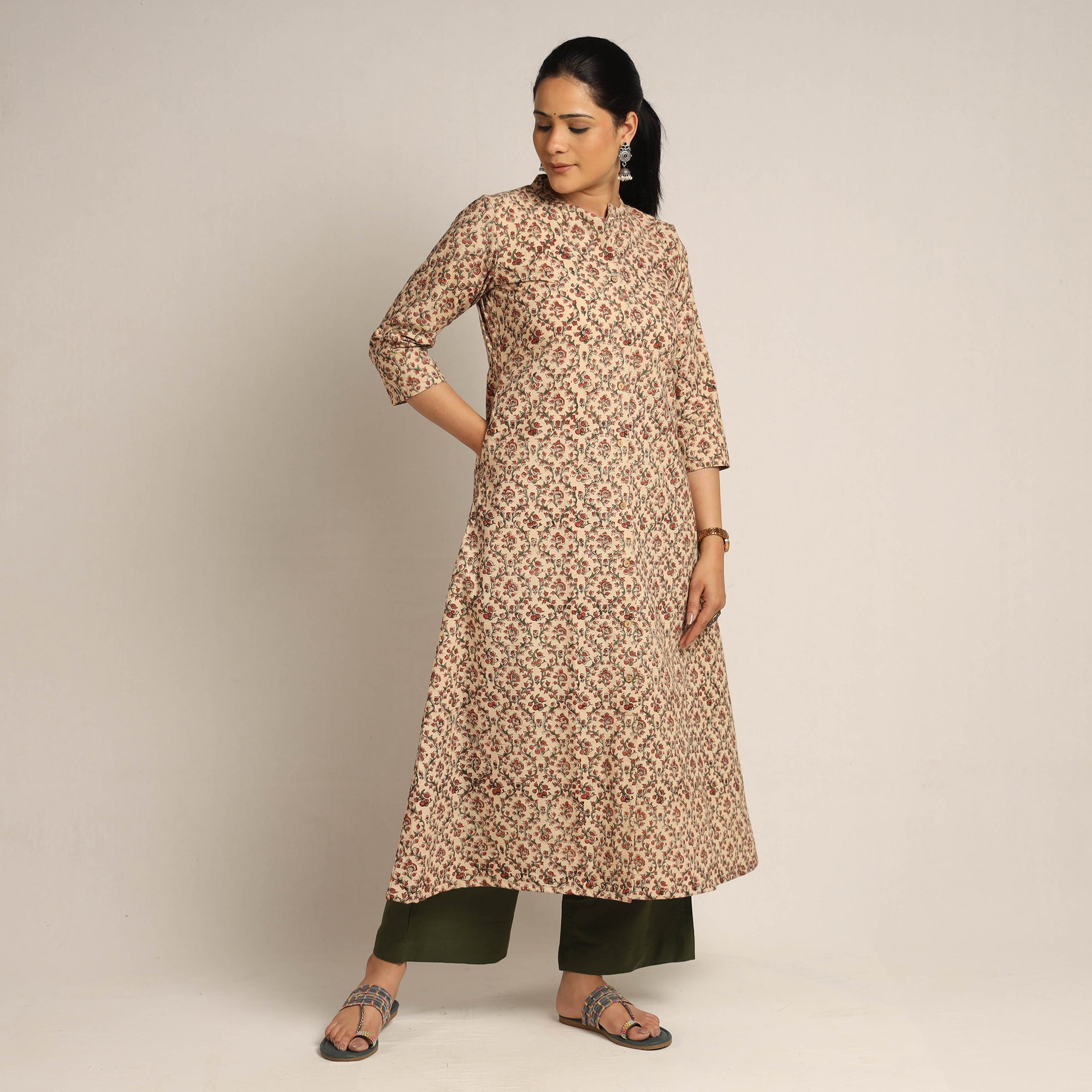 ITOKRI CASUALS Beige - Pedana Kalamkari Block Printed Cotton Kurta with Palazzo Set