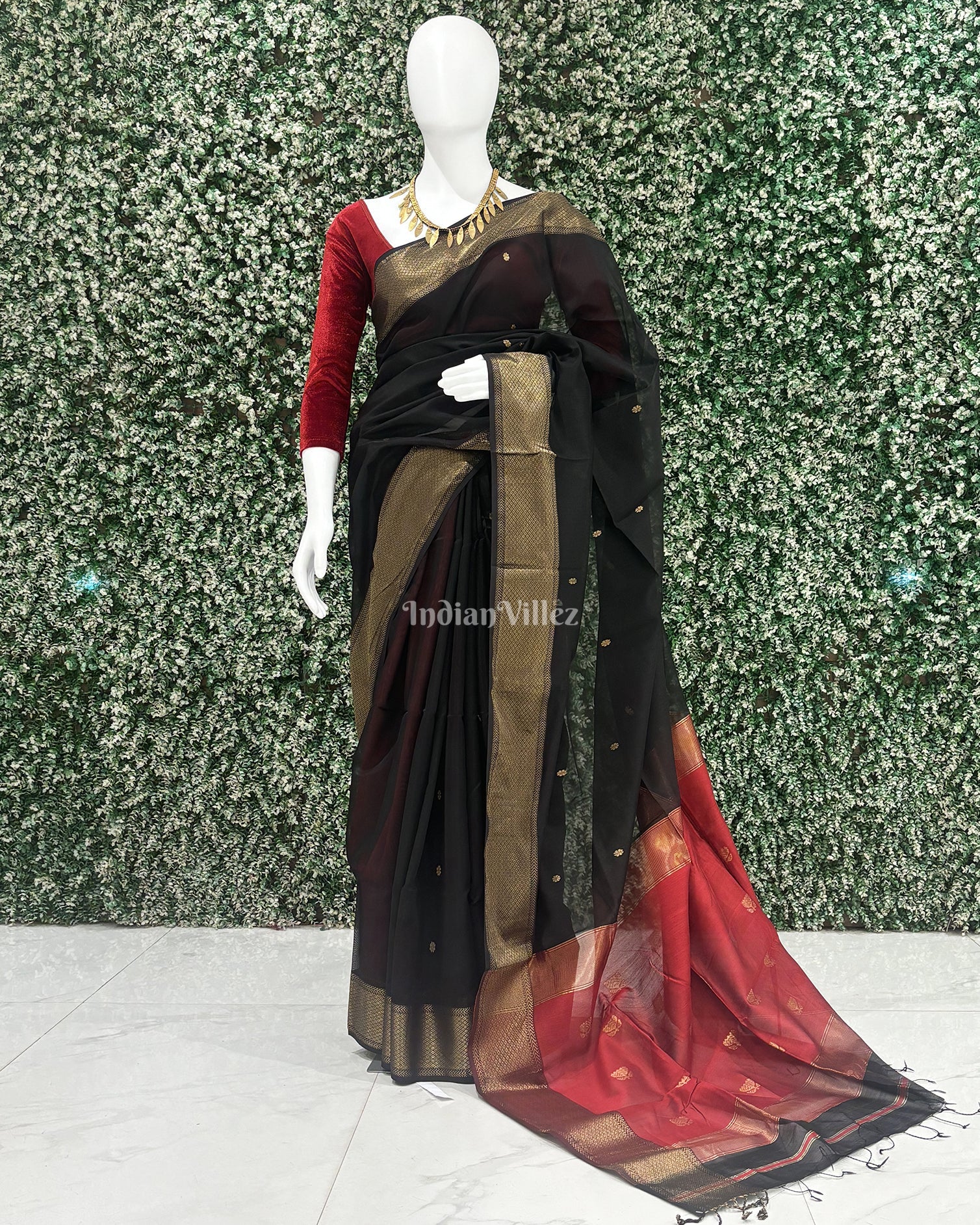 Cotton silk saree – IndianVillèz Black Flower Butta Design Maheshwari Handloom Cotton*Silk Saree