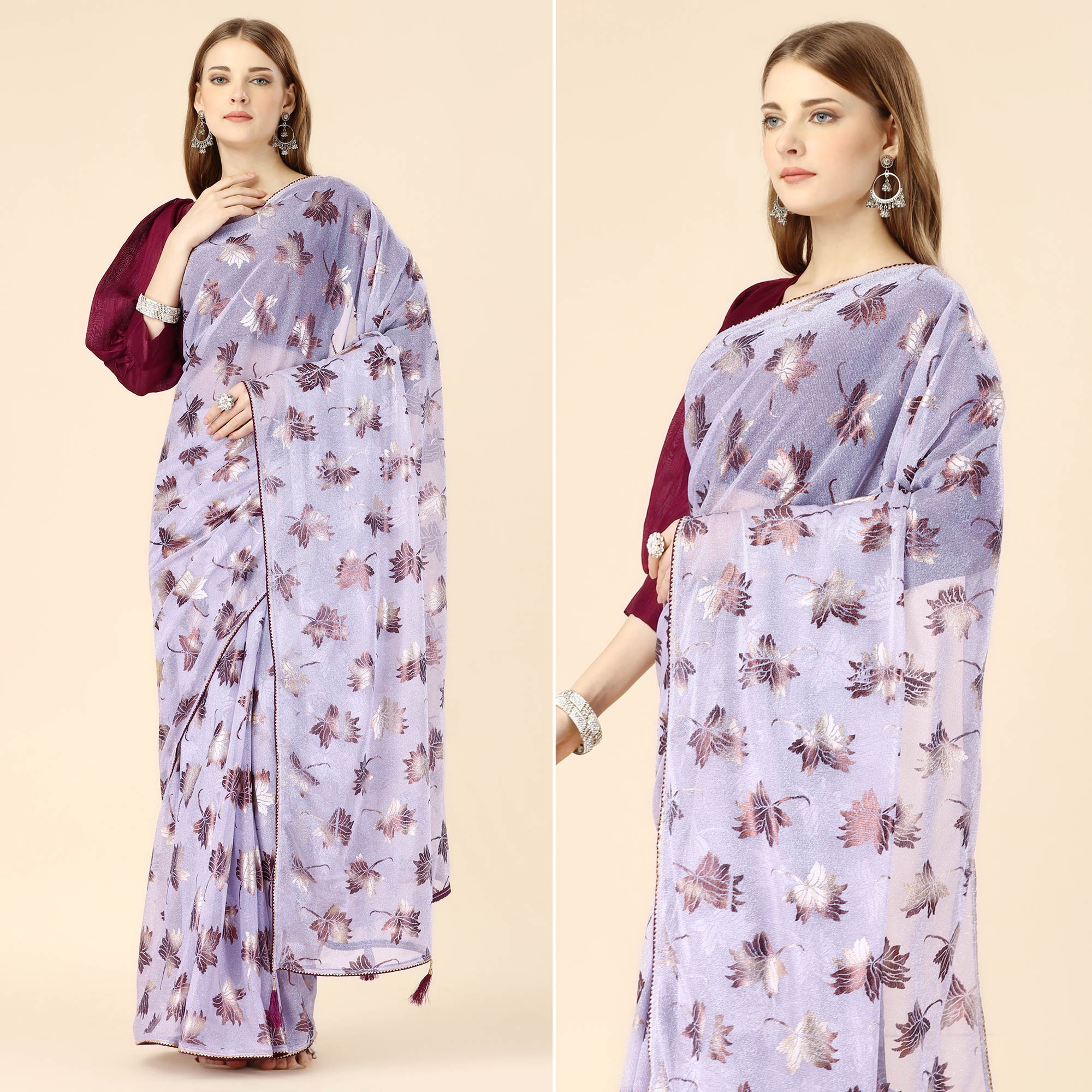 Peachmode Lavender Floral Foil Printed Rayon Saree