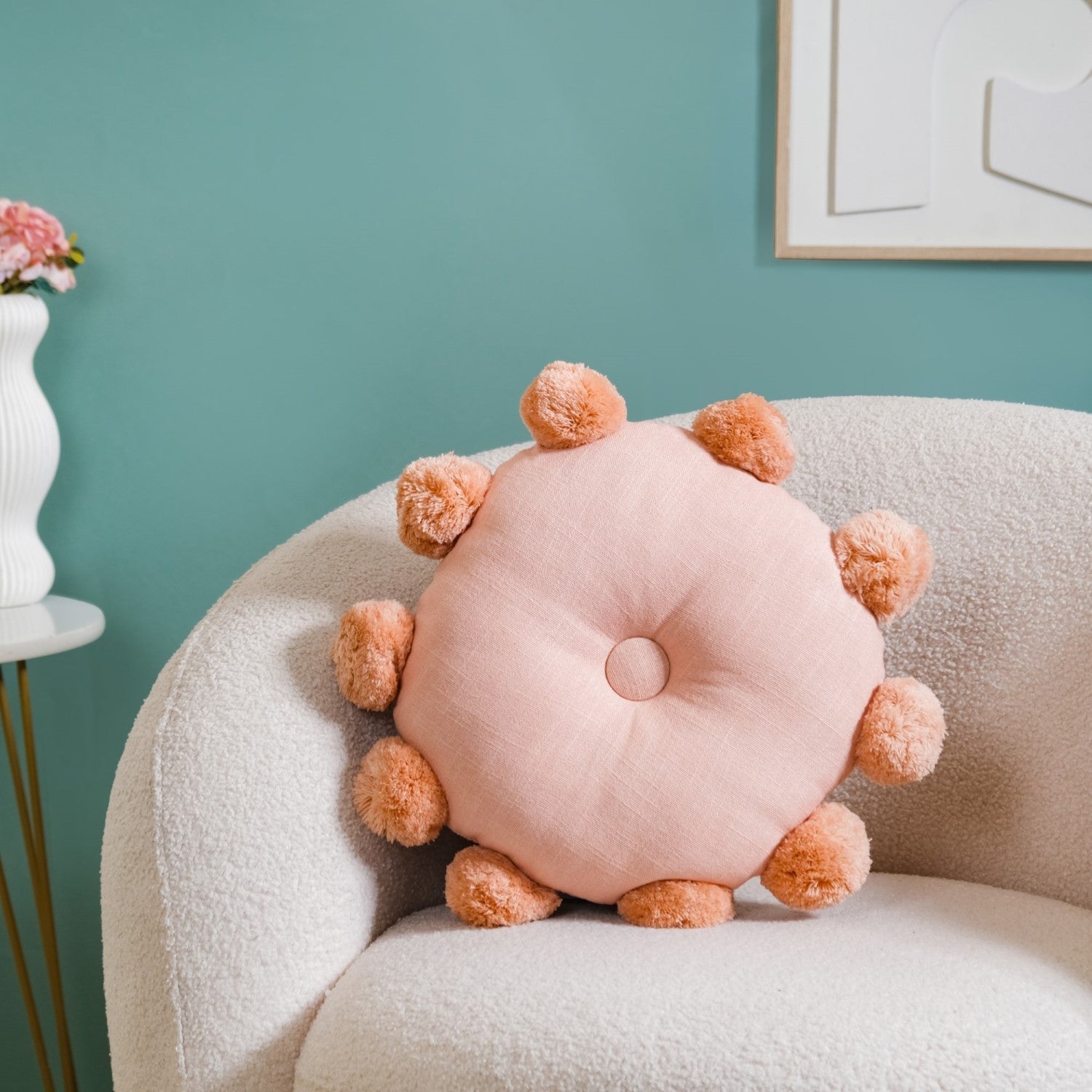 Nestasia Round Cushion With Pom Poms Peach 17 Inch - view 2